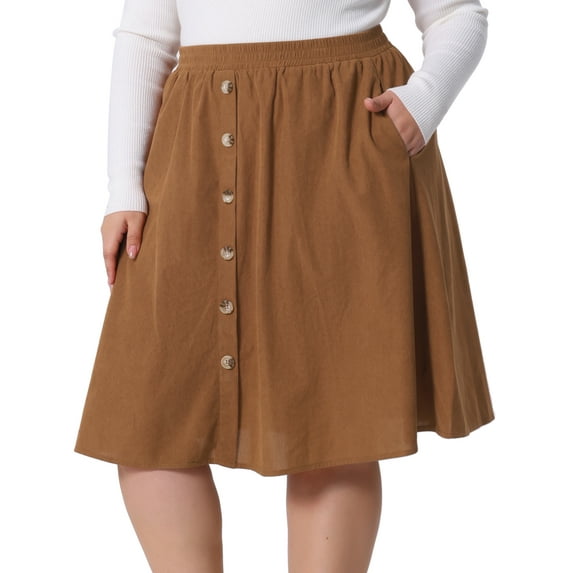 DARING DIVA Women's Plus Elastic High Waist Corduroy Skirt with Pocket 2X Dark Brown