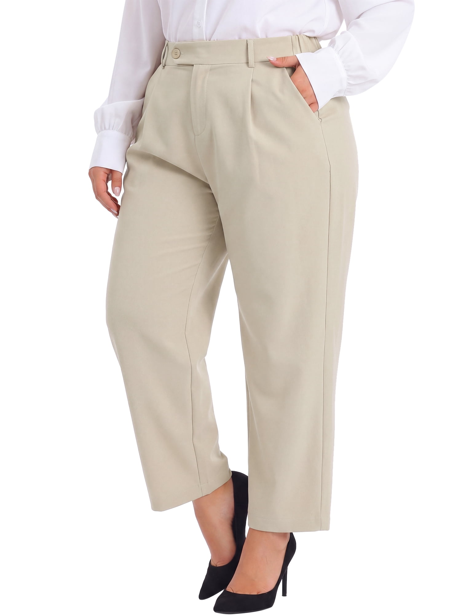 DARING DIVA Women's Plus Elastic High Waisted Long Straight Pants 1X Light Khaki