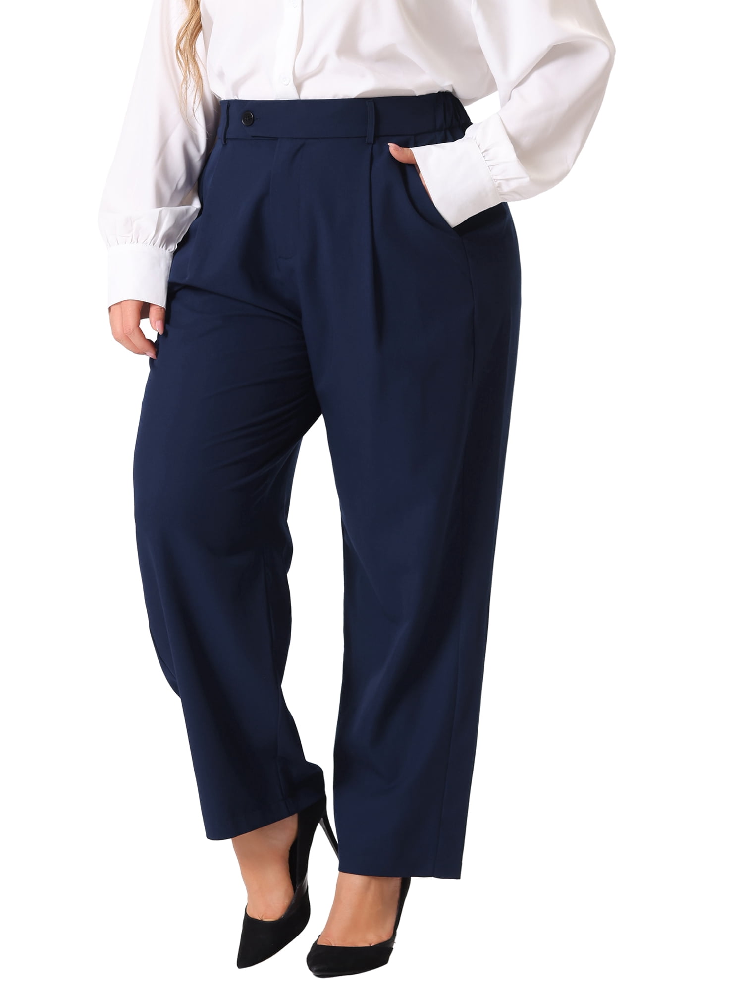 DARING DIVA Women's Plus Elastic High Waisted Long Straight Pants 1X Navy Blue