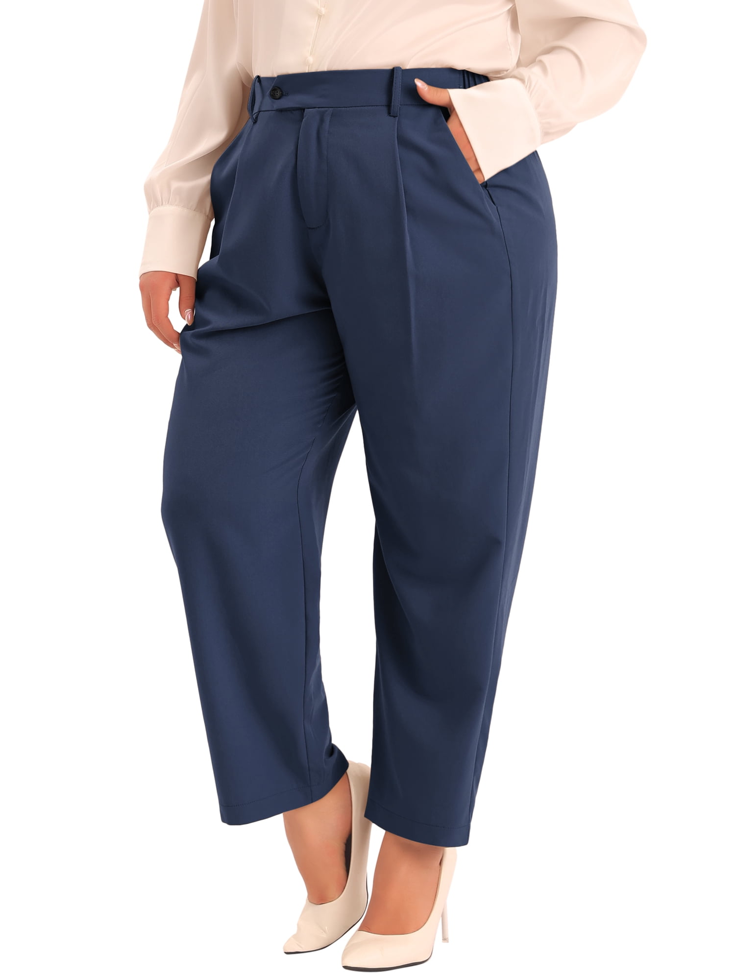DARING DIVA Women's Plus Elastic High Waisted Long Straight Pants 2X Dark Blue