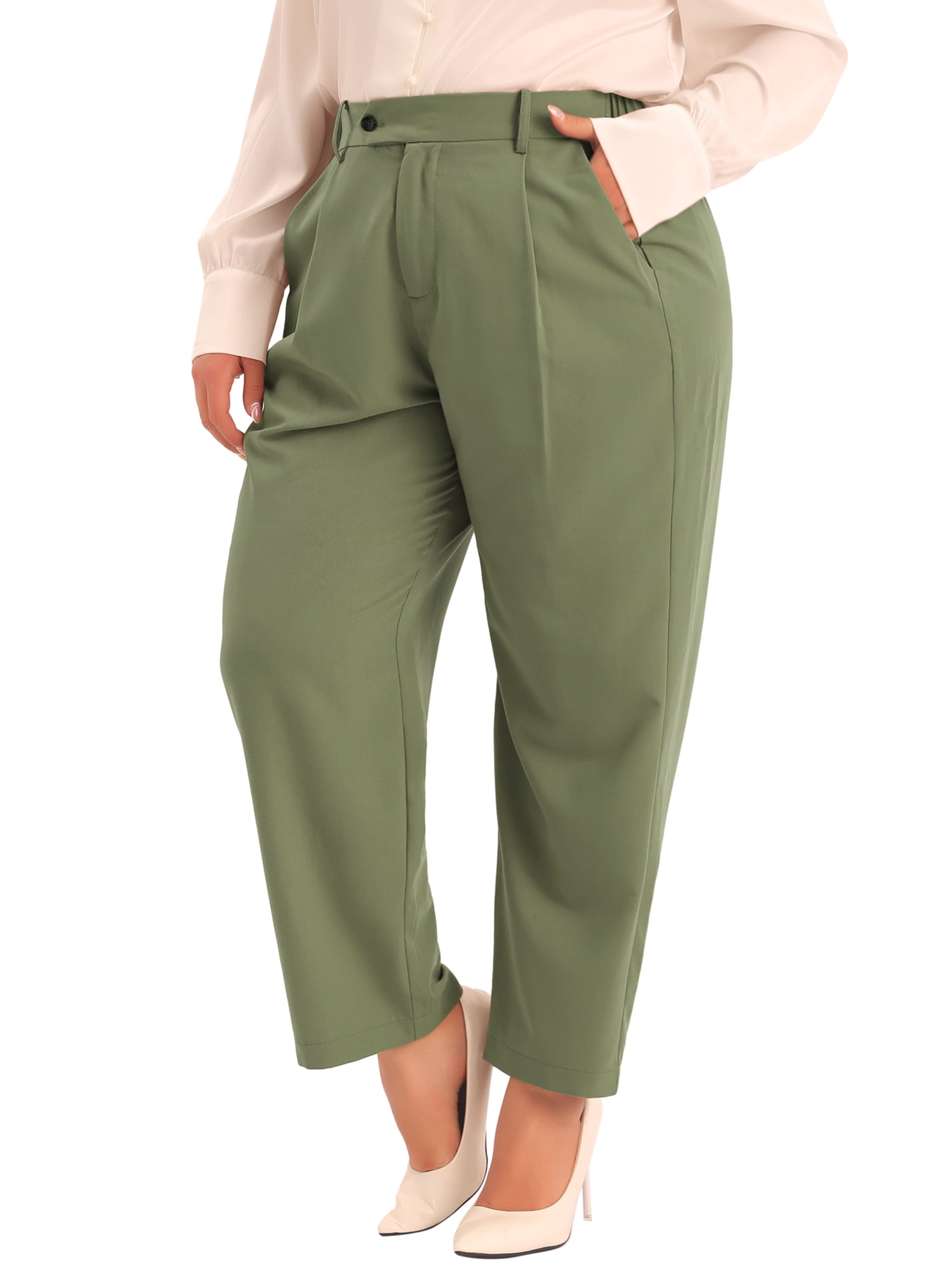 DARING DIVA Women's Plus Elastic High Waisted Long Straight Pants 3X Army Green