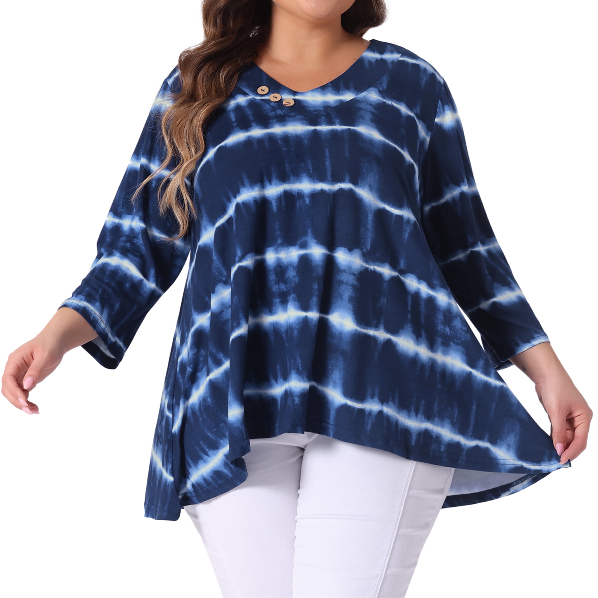DARING DIVA Women's Plus Elbow Sleeve Blouse Tee Top Tie Dye T Shirts 4X Blue White
