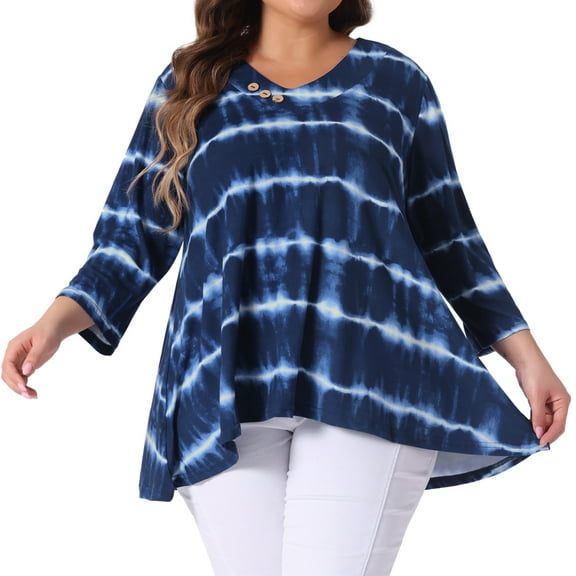 DARING DIVA Women's Plus Elbow Sleeve Blouse Tee Top Tie Dye T Shirts 4X Blue White