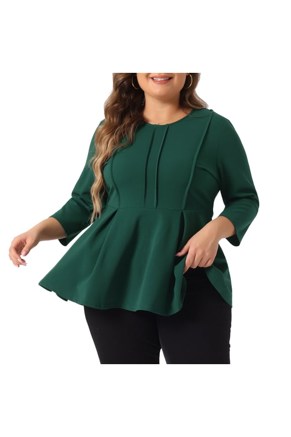 Women's Plus Elegant Crew Neck 3/4 Sleeve Peplum Top 1X Green