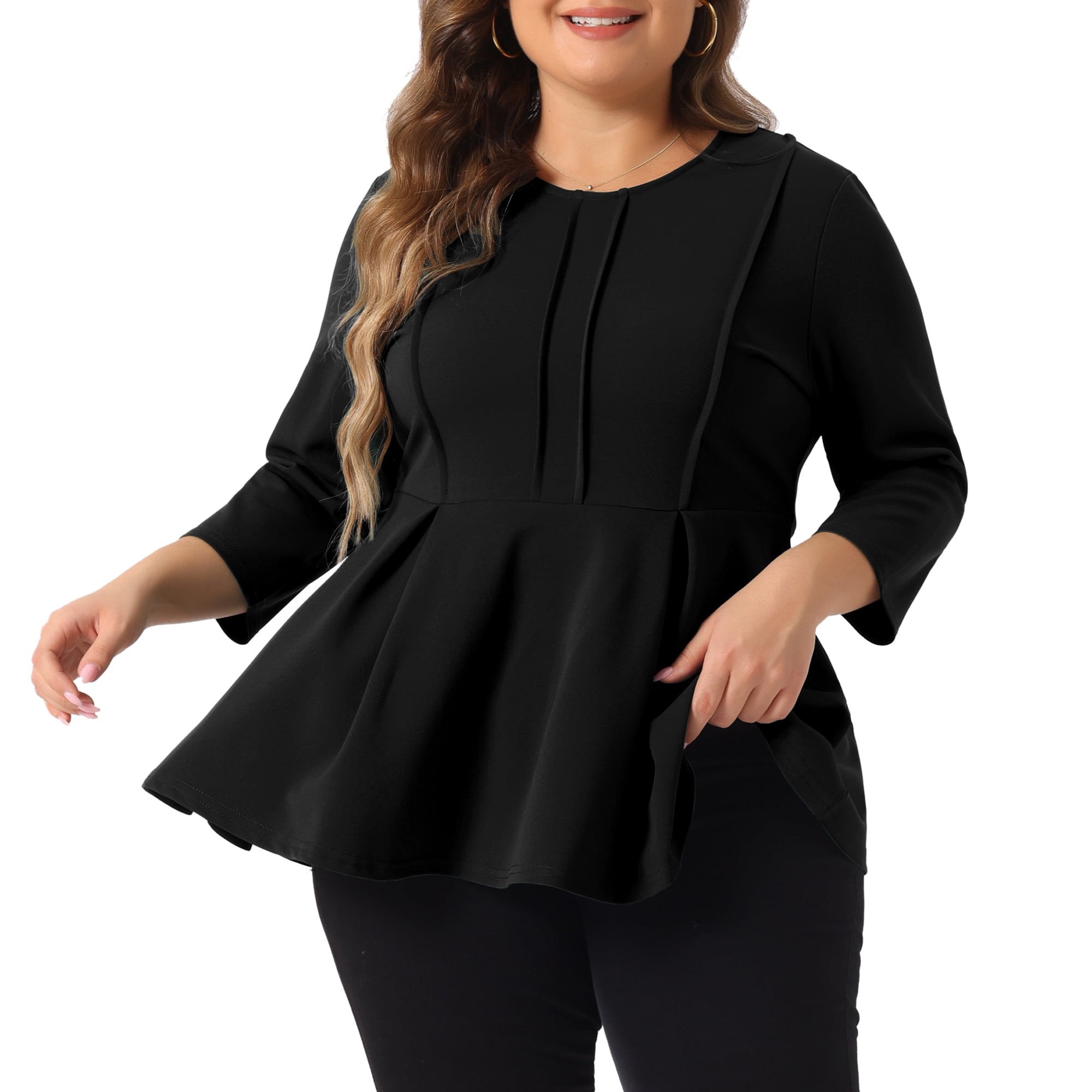 DARING DIVA Women's Plus Elegant Crew Neck 3/4 Sleeve Peplum Top 4X Black
