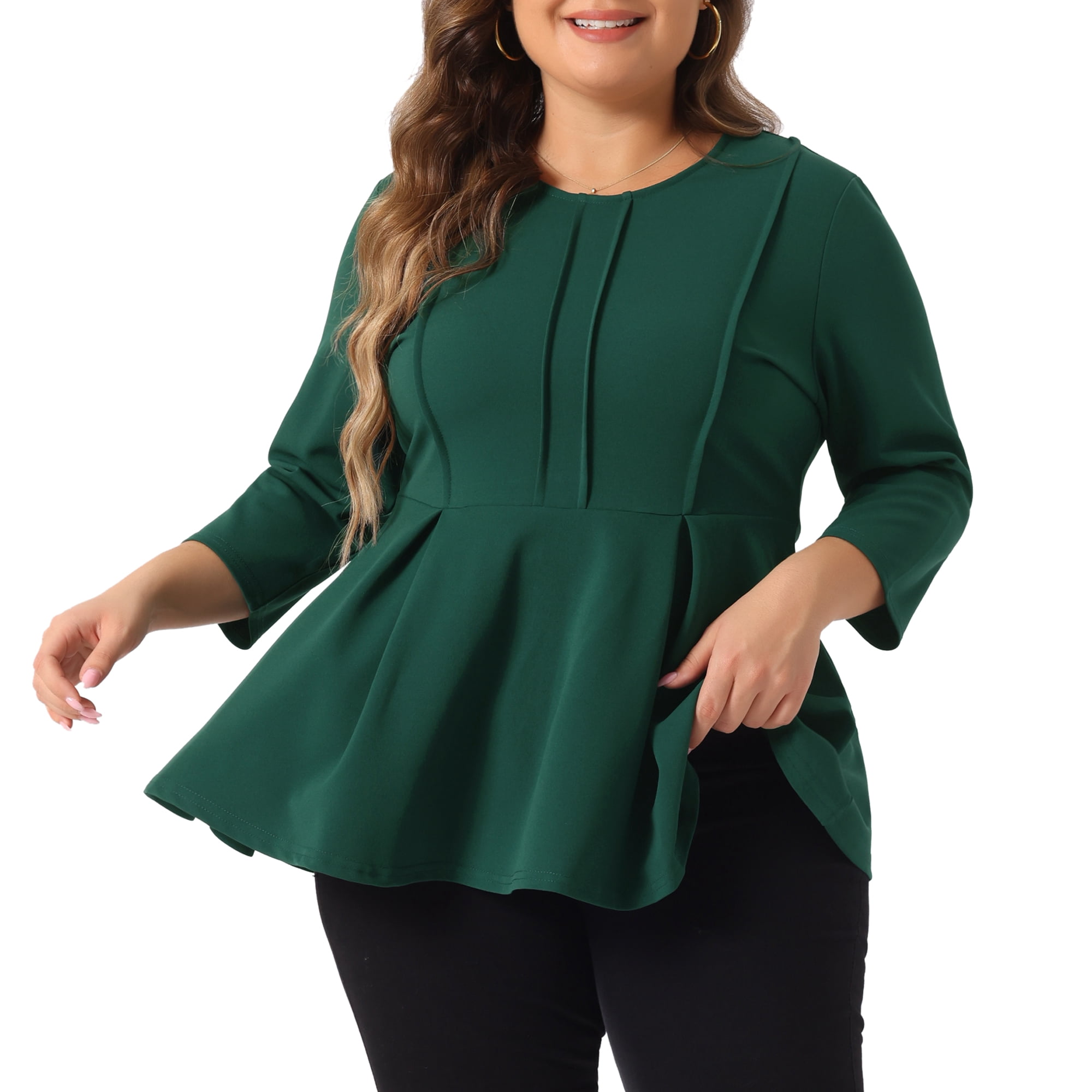 DARING DIVA Women's Plus Elegant Crew Neck 3/4 Sleeve Peplum Top 4X Green