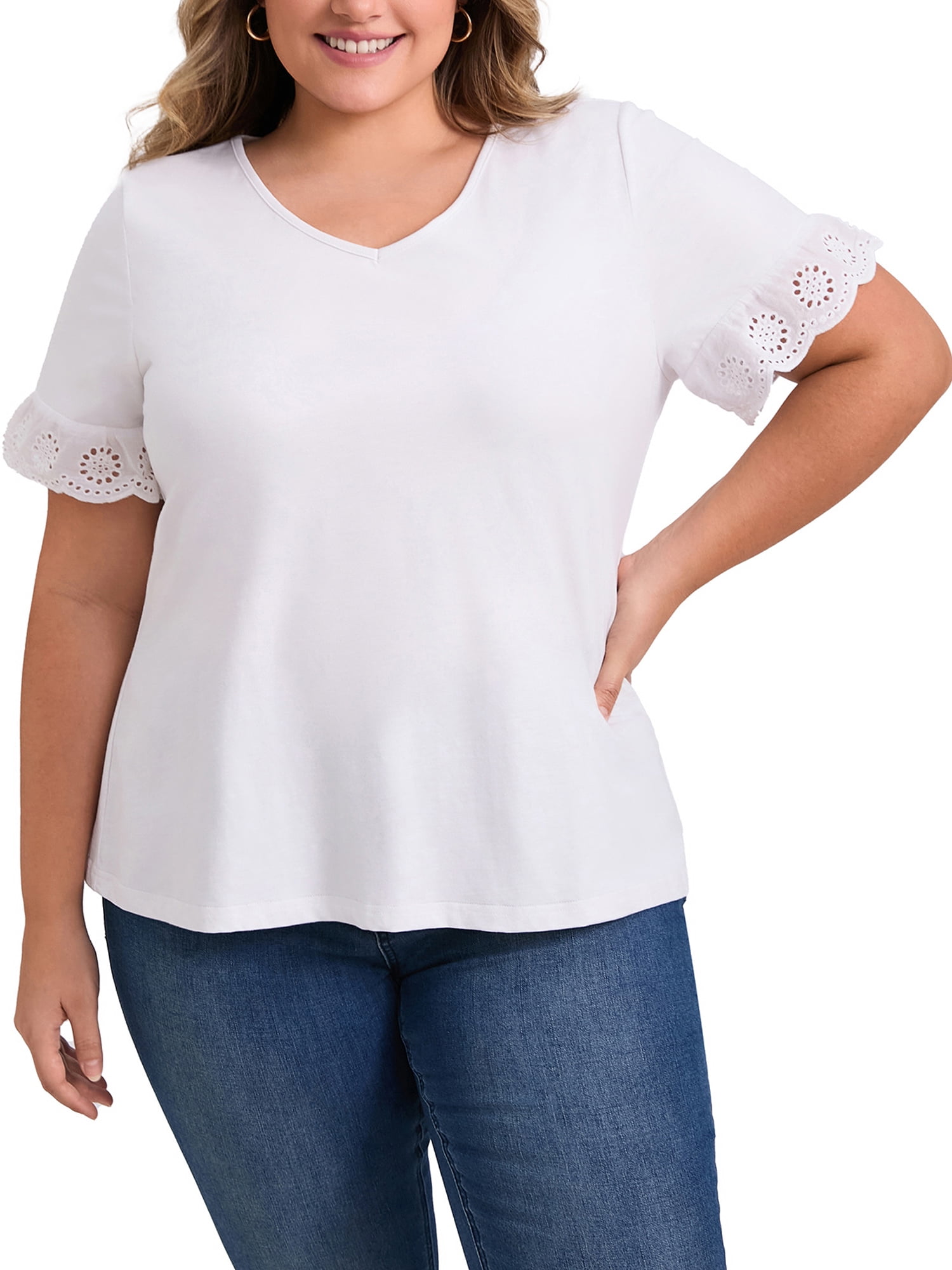 DARING DIVA Women's Plus Eyelet Embroidered Short Sleeve Blouse 4X White