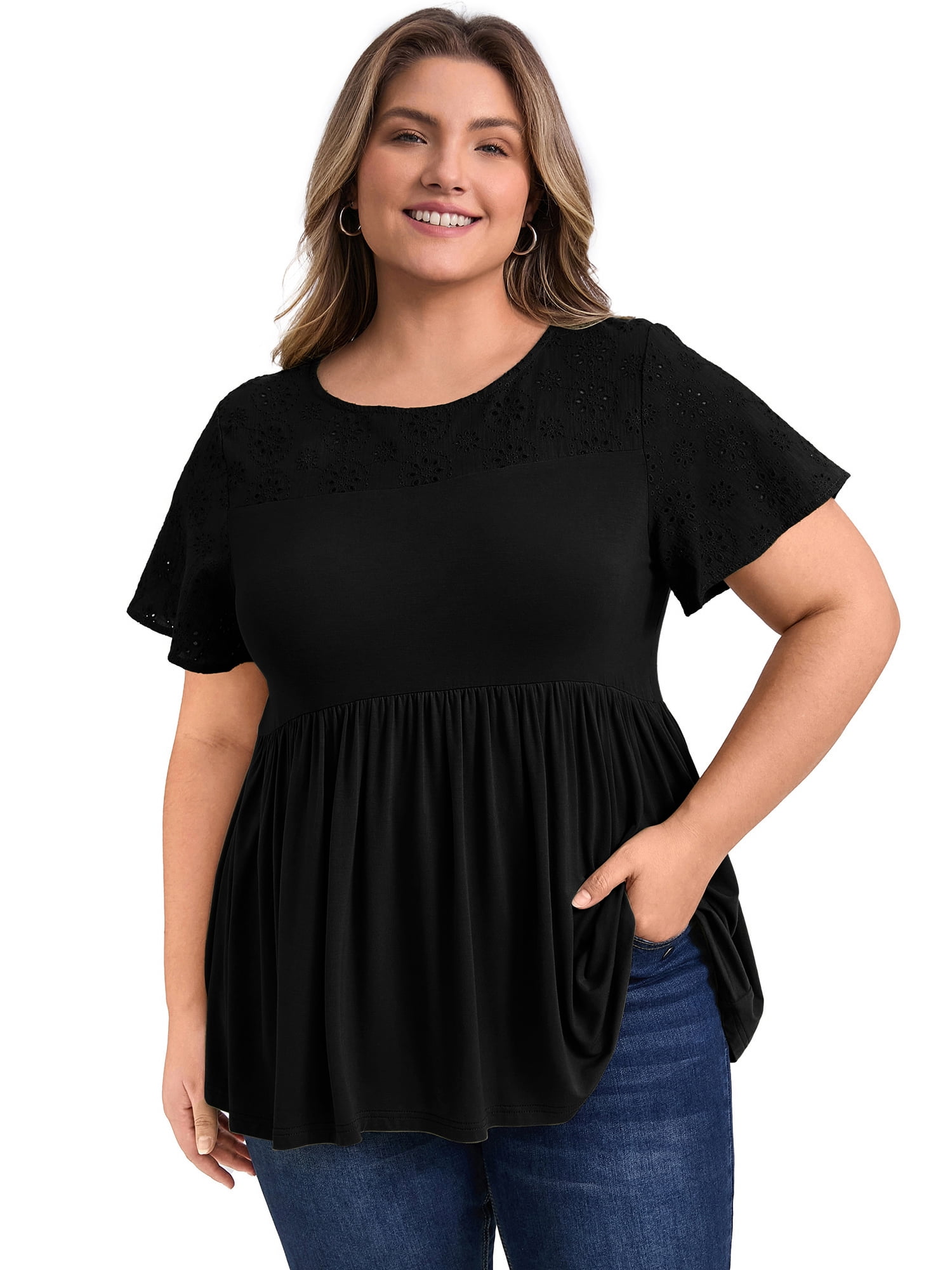 DARING DIVA Women's Plus Eyelet Embroidery Blouse with Ruffle Hem 1X Black
