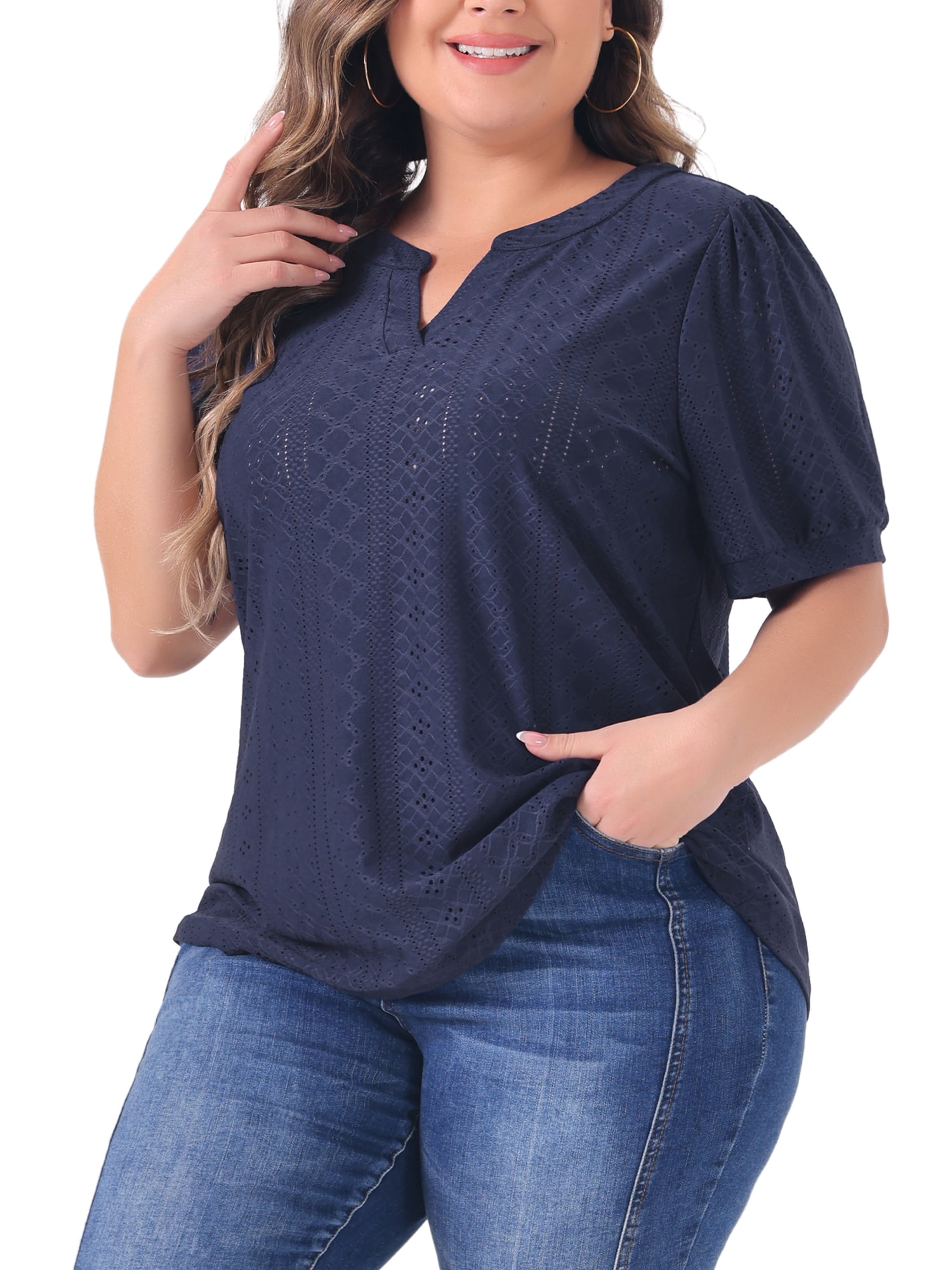 Women's Plus Tops Hollow Casual V Neck Short Sleeve Summer Blouse Shirts 3X Navy Blue
