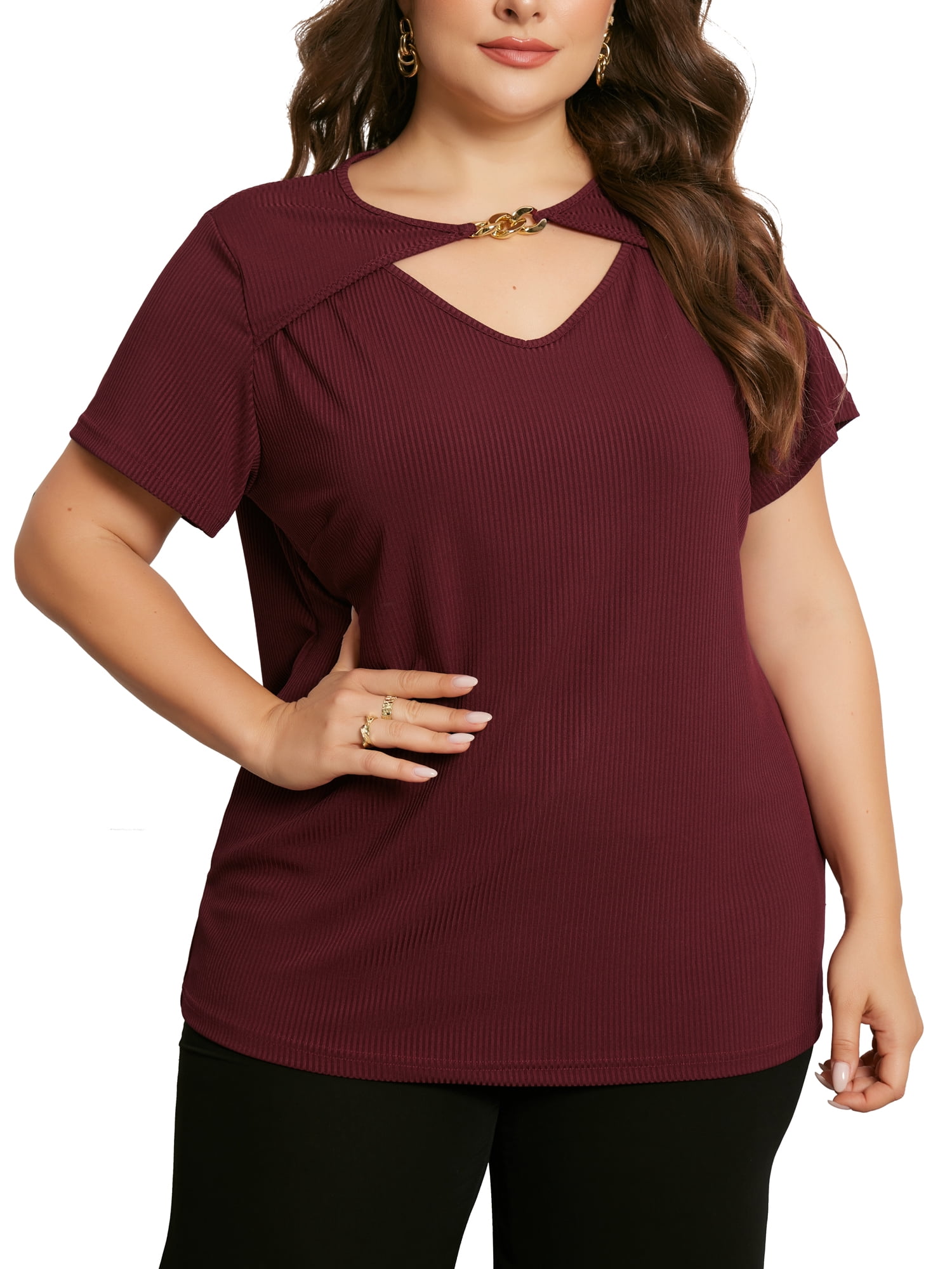 DARING DIVA Women's Plus Fashion Basic Short Sleeve Top 3X Burgundy