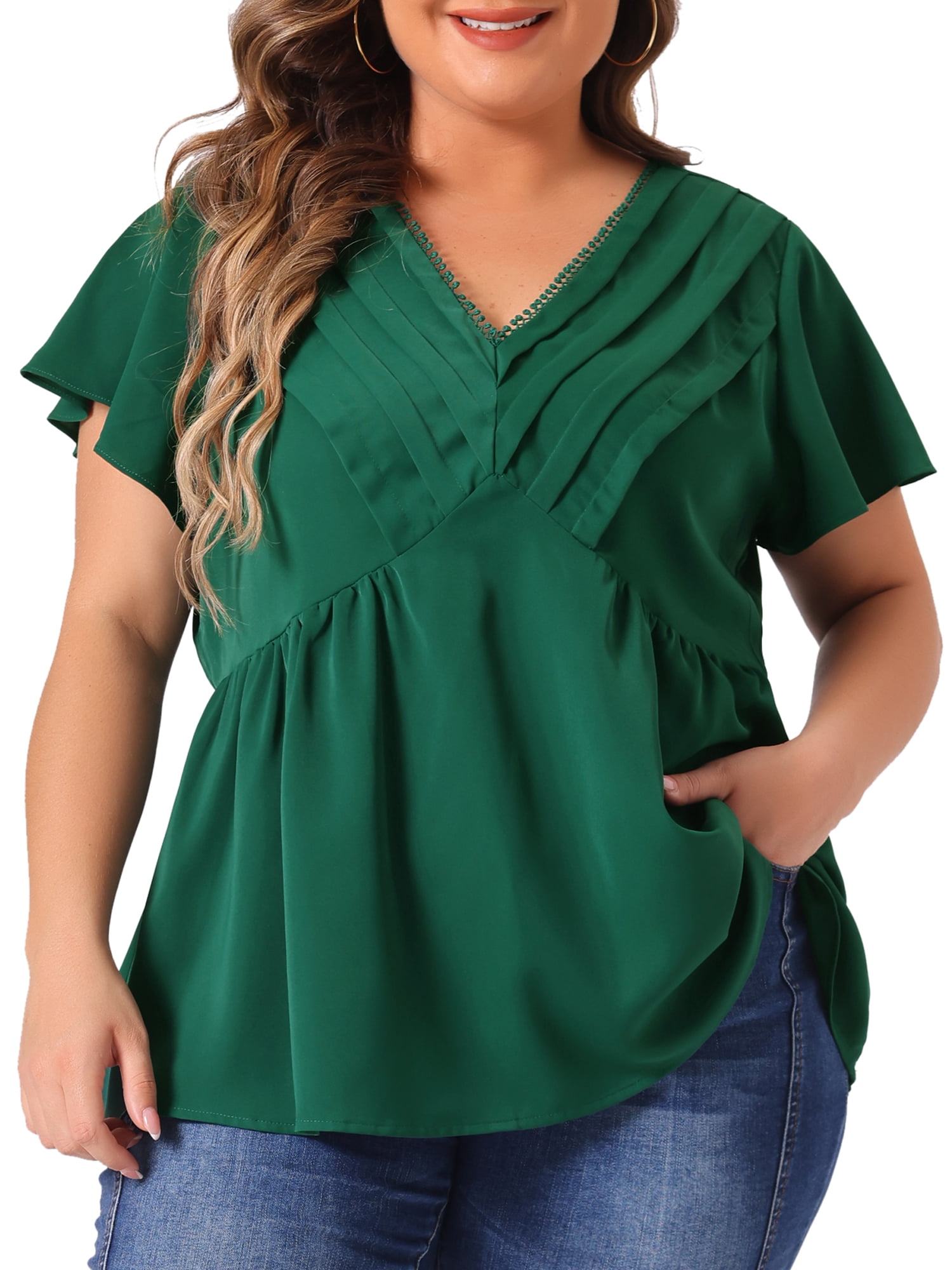 DARING DIVA Women's Plus Flare Sleeves V Neck Lace Front Peplum Blouse 2X Dark Green