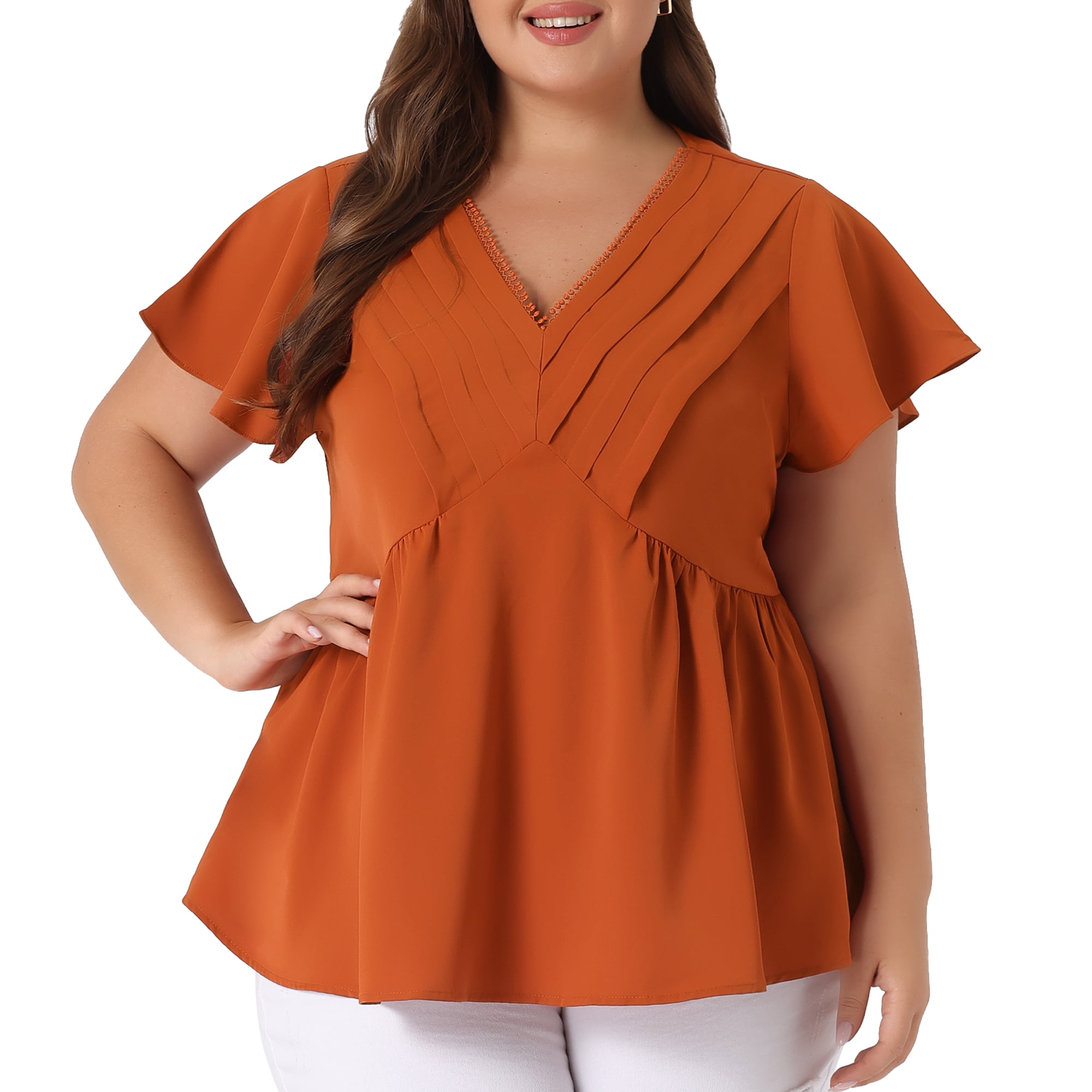 DARING DIVA Women's Plus Flare Sleeves V Neck Lace Front Peplum Blouse 4X Caramel