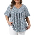 thumbnail image 1 of Women's Plus Tops V Neck Flared Sleeve Ditsy Floral Pleated Casual Summer Blouses 1X Dark Green, 1 of 6