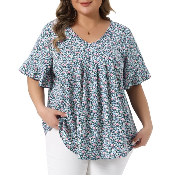 Women's Plus Tops V Neck Flared Sleeve Ditsy Floral Pleated Casual Summer Blouses 1X Dark Green