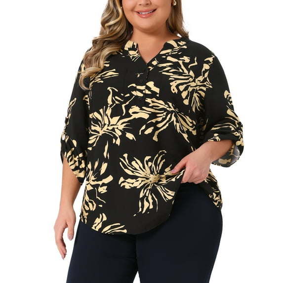 DARING DIVA Women's Plus Floral 3/4 Sleeve V Neck Button Blouse 1X Black