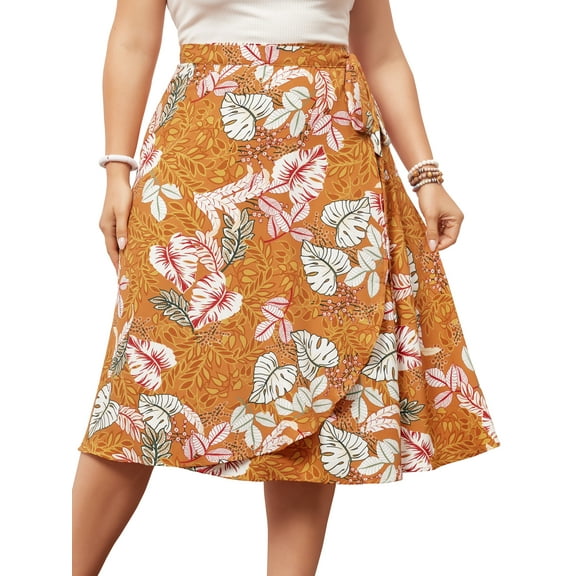 DARING DIVA Women's Plus Floral A Line Ruffled Hem Summer Midi Skirt 4X Orange