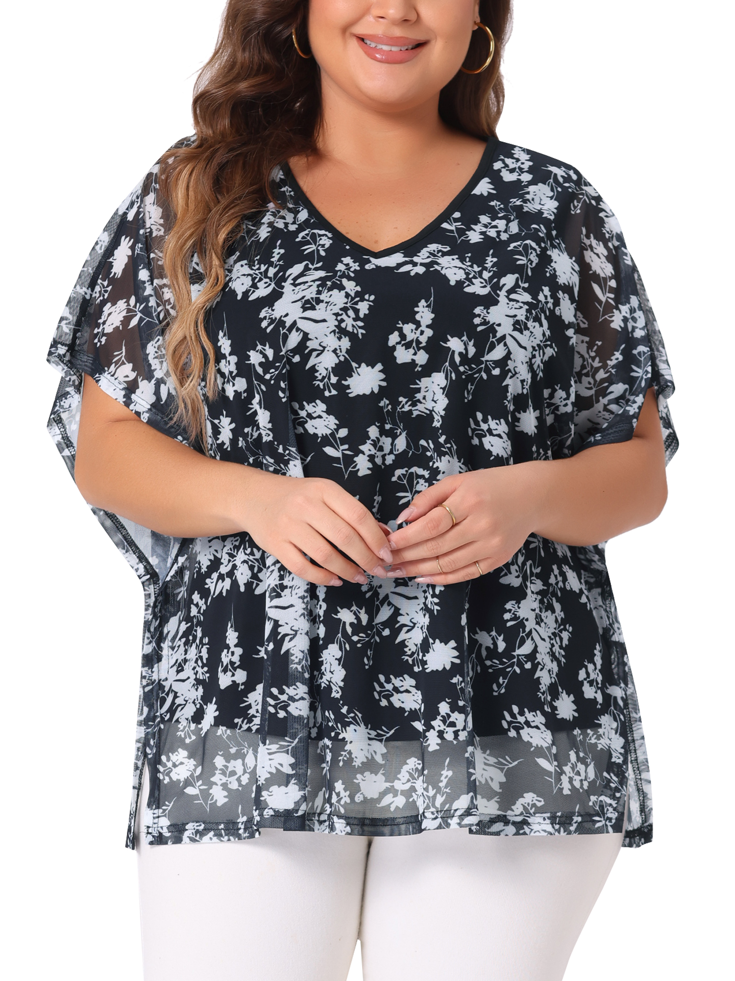 DARING DIVA Women's Plus Floral Batwing Sleeve Loose Blouse 3X Black