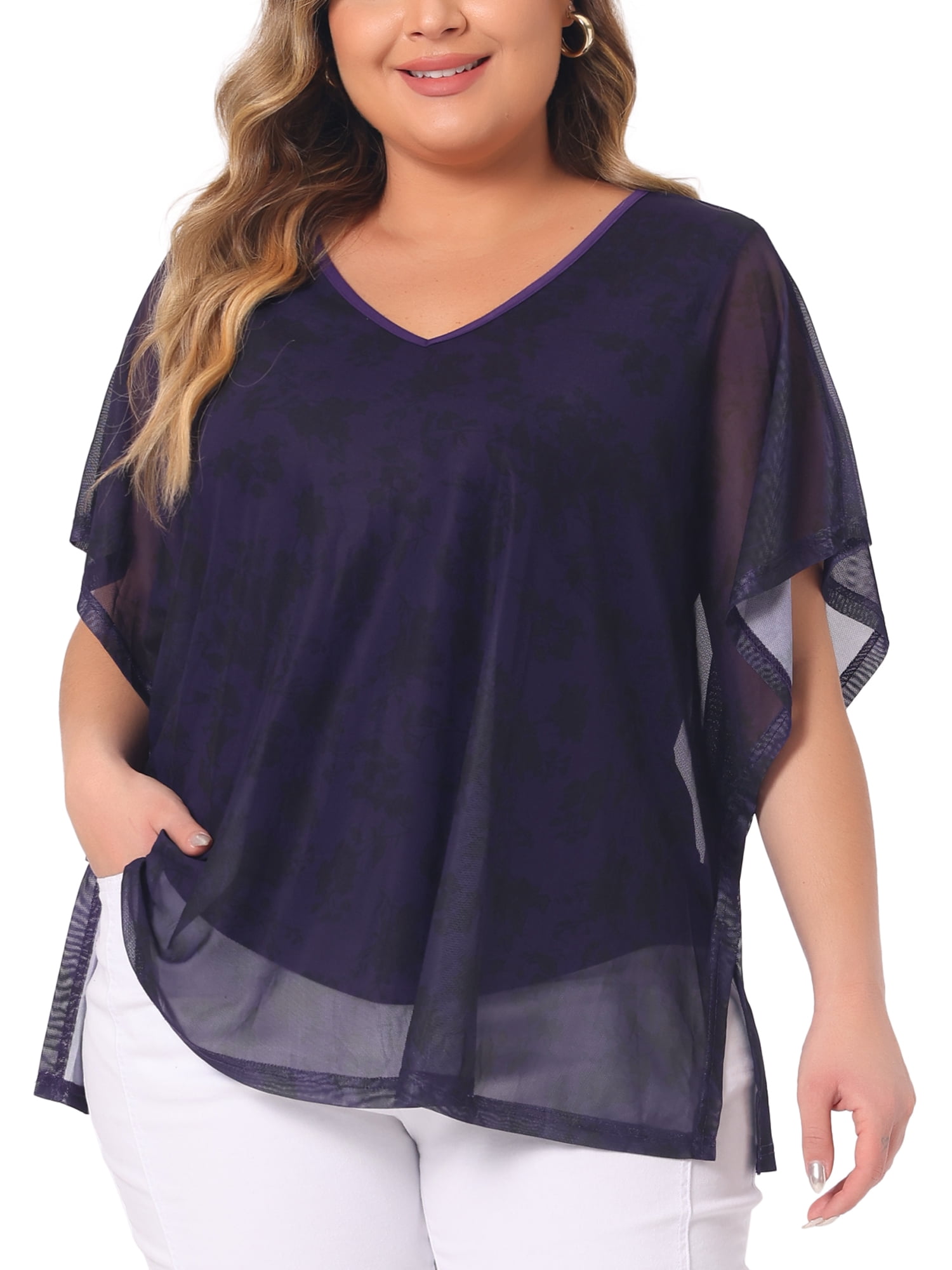 DARING DIVA Women's Plus Floral Batwing Sleeve Loose Blouse 4X Purple