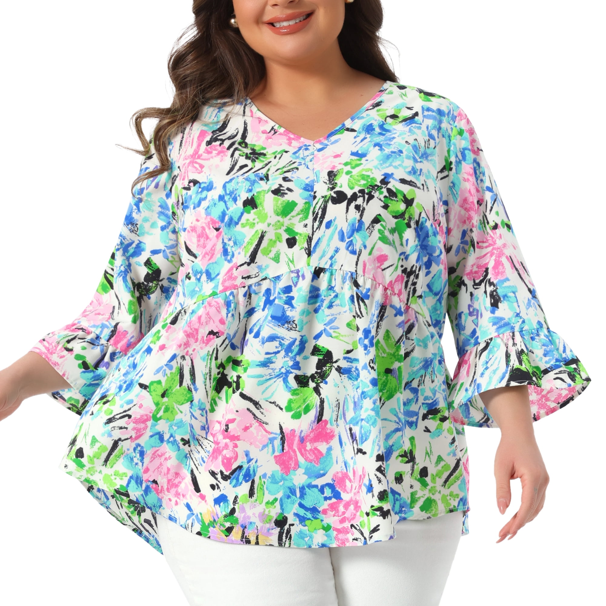 DARING DIVA Women's Plus Floral Blouses V Neck Ruffle Babydoll Peplum Tops 1X Pink Blue