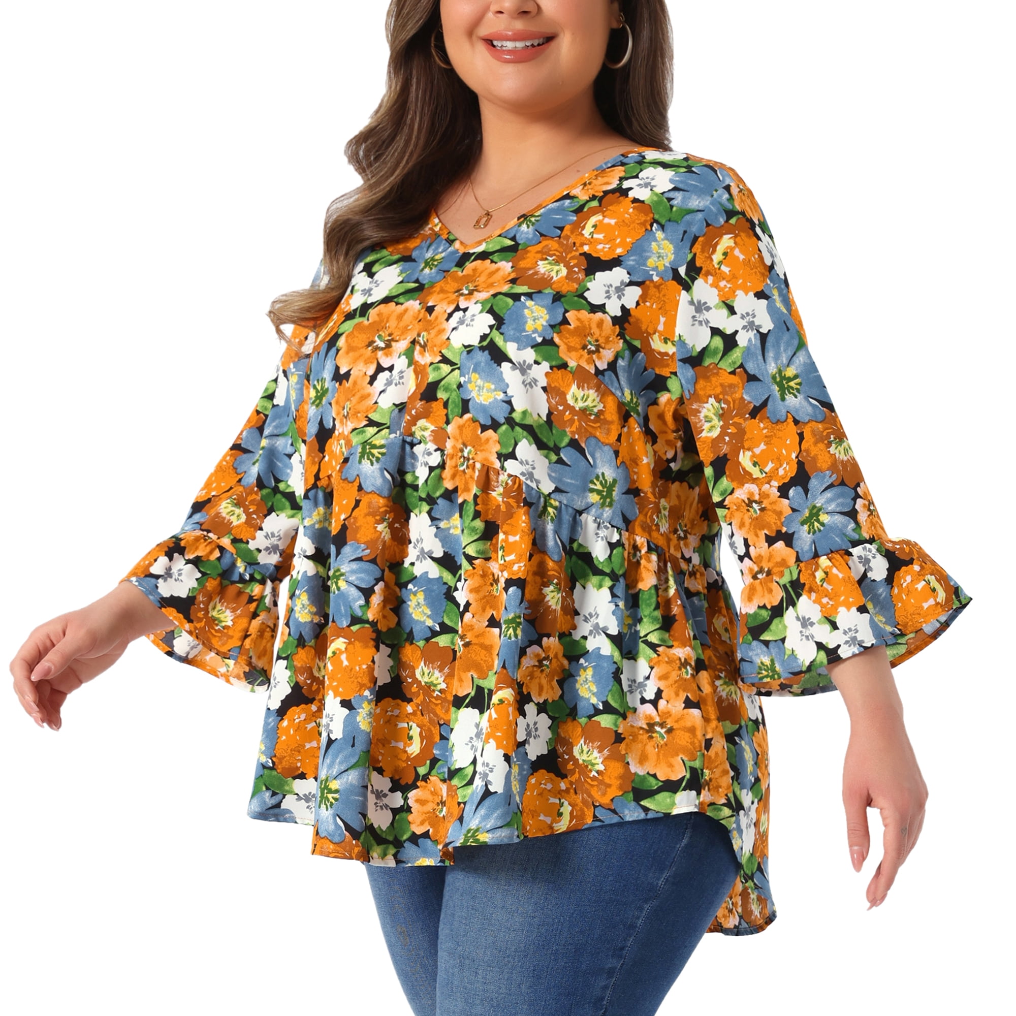 DARING DIVA Women's Plus Floral Blouses V Neck Ruffle Babydoll Peplum Tops 3X Black Orange