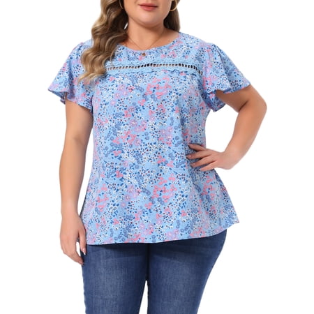 DARING DIVA Women's Plus Floral Crew Neck Blouse Summer Crew Neck Shirt 1X Blue