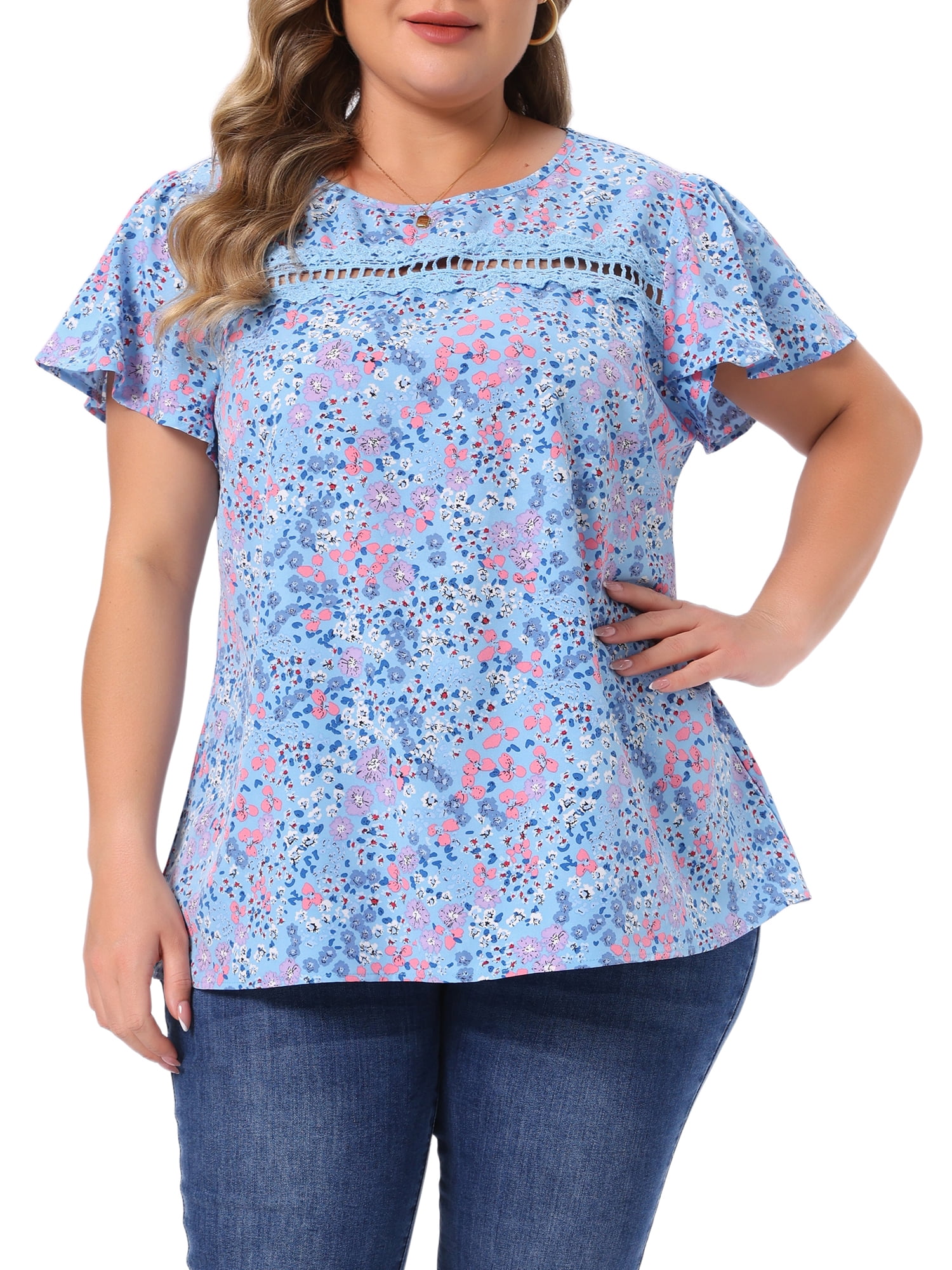 DARING DIVA Women's Plus Floral  Crew Neck Blouse Summer Crew Neck Shirt 3X Blue