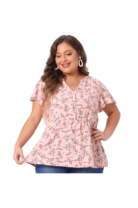 Women's Plus Floral Elastic Waist Lightweight Chiffon Blouse 1X Pink