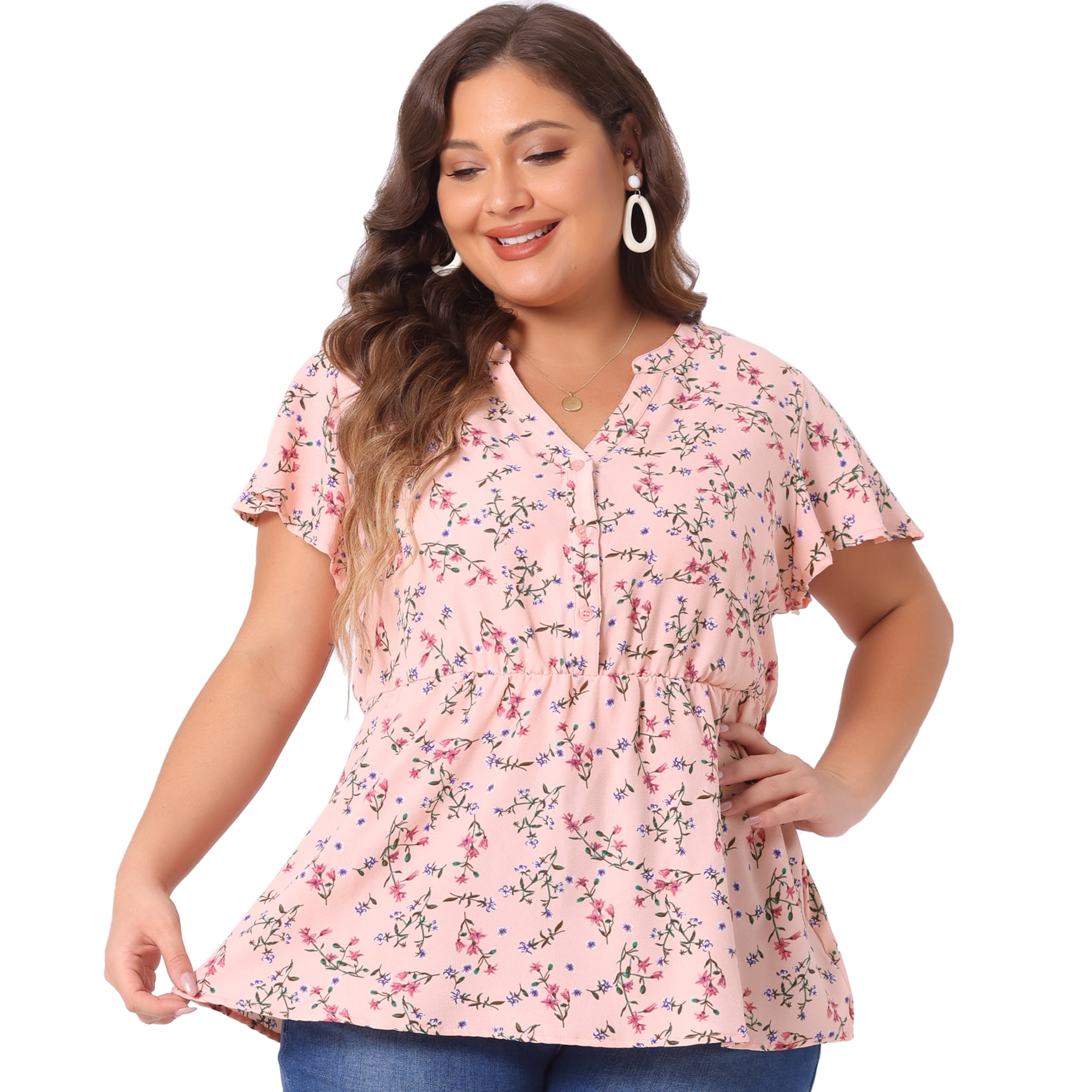 DARING DIVA Women's Plus Floral Elastic Waist Lightweight Chiffon Blouse 4X Pink