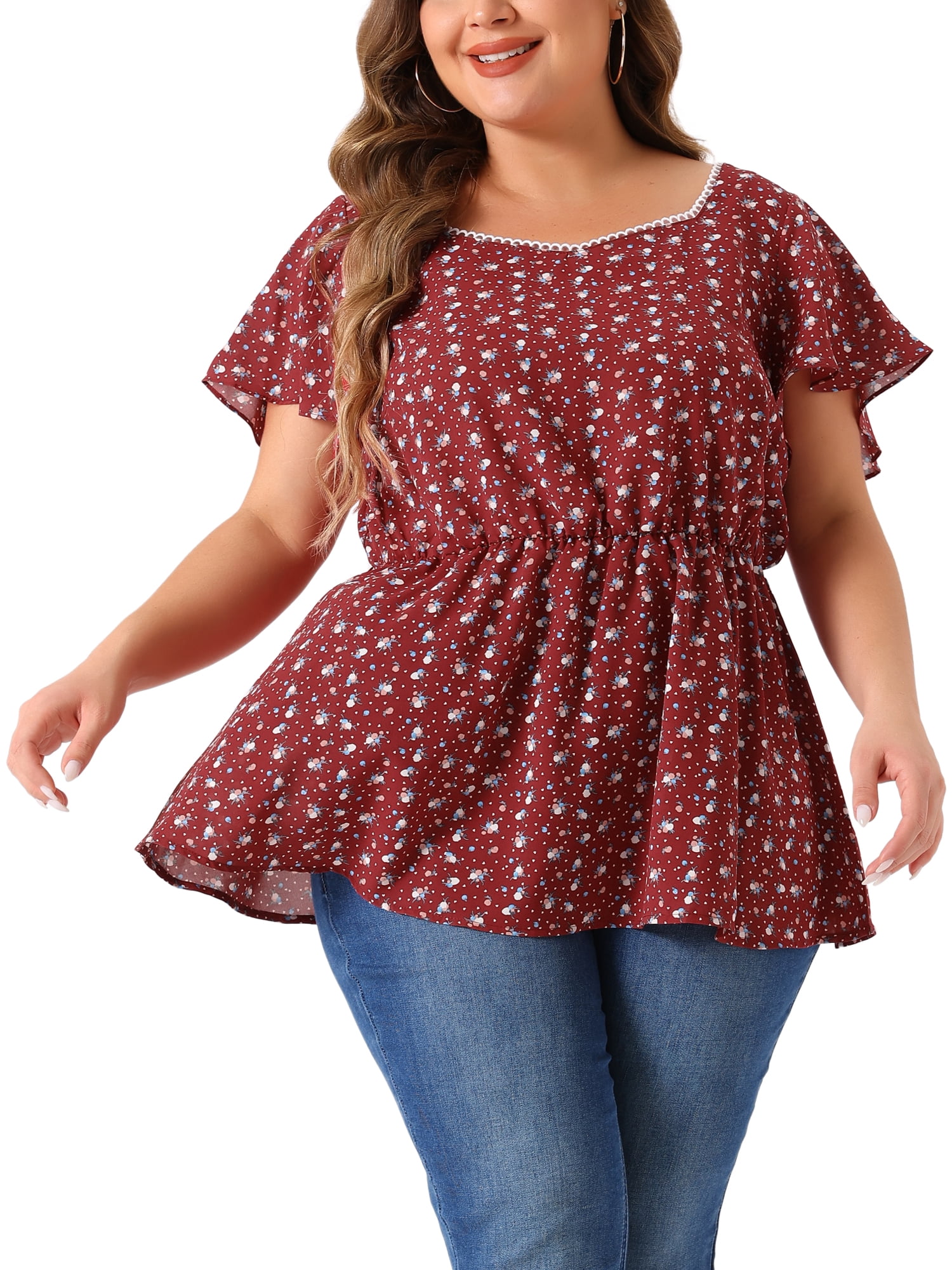 DARING DIVA Women's Plus Floral Flare Sleeves Elastic Waist Peplum Top 2X Red