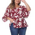 thumbnail image 1 of DARING DIVA Women's Plus Floral Flowy Sleeve Chiffon Blouses 1X Burgundy, 1 of 6