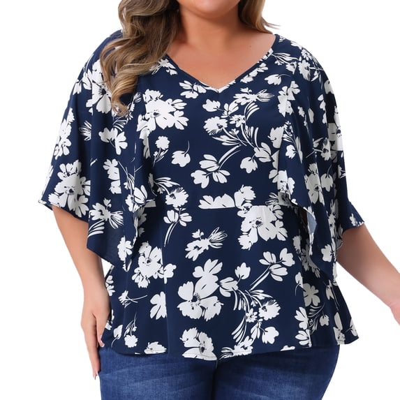 DARING DIVA Women's Plus Floral Flowy Sleeve Chiffon Blouses 2X Navy Blue