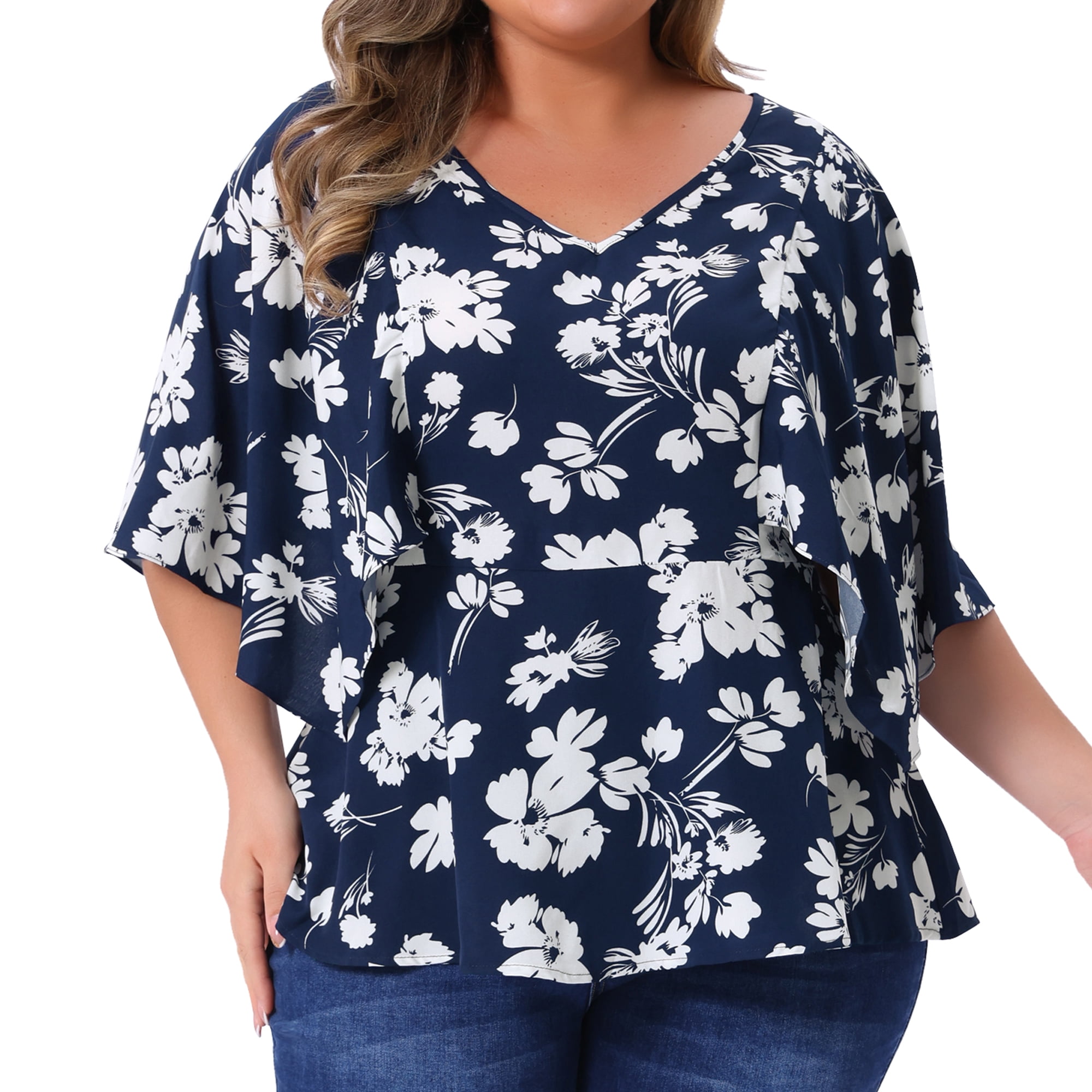 DARING DIVA Women's Plus Floral Flowy Sleeve Chiffon Blouses 3X Navy Blue