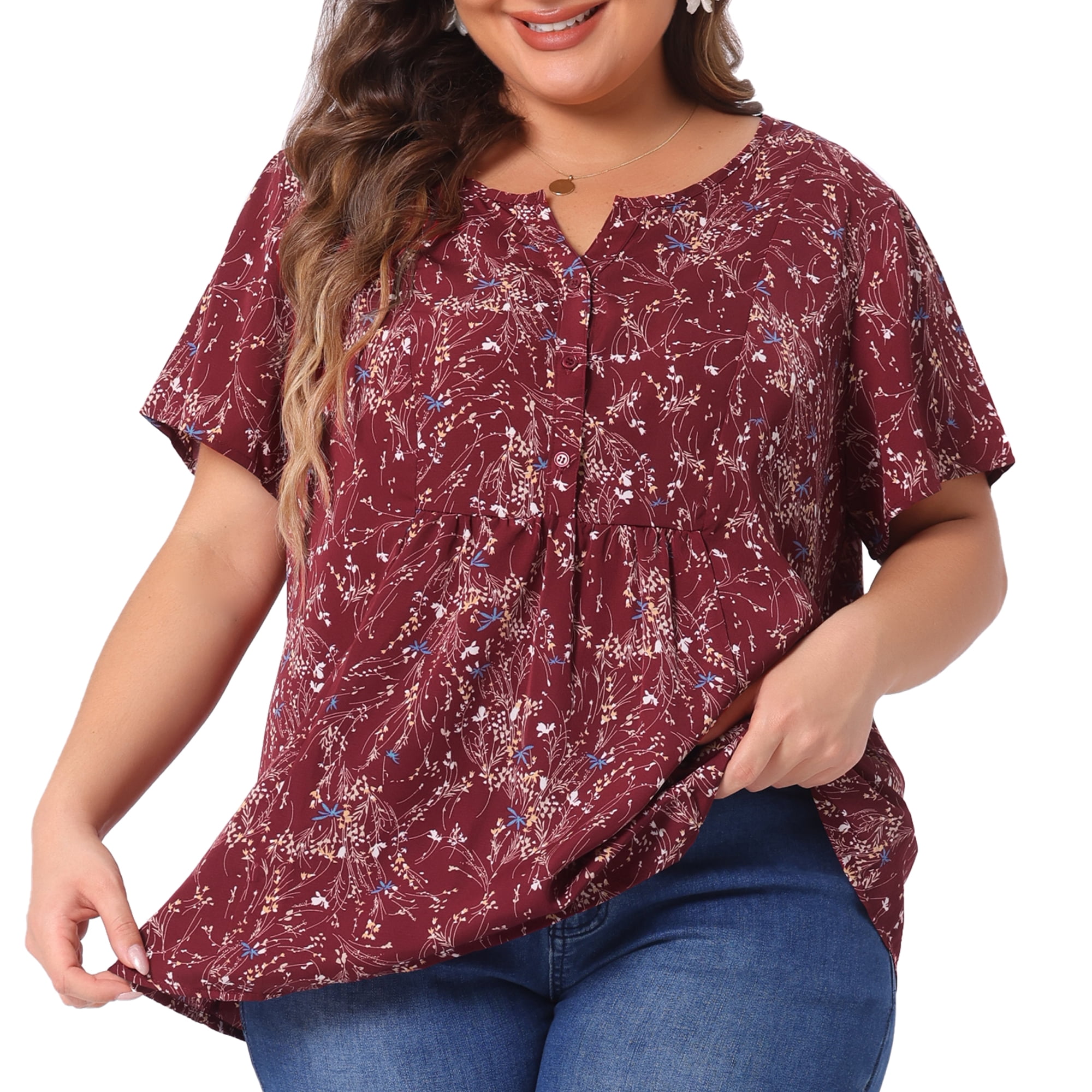 Unique Bargains Women's Plus Size Floral Half Placket Short Sleeve Blouses 1X Burgundy