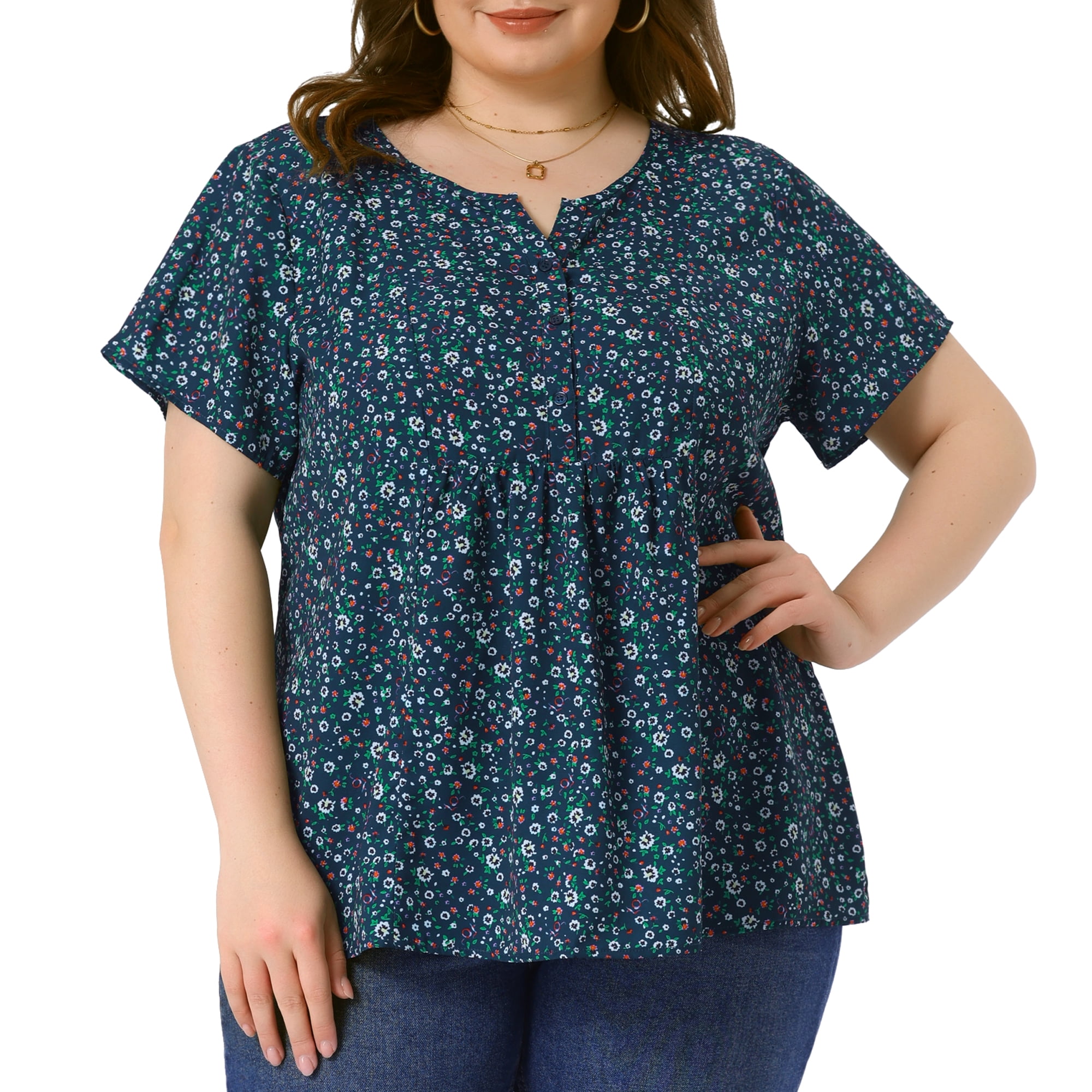 Unique Bargains Women's Plus Size Floral Half Placket Short Sleeve Blouses 2X Dark Blue