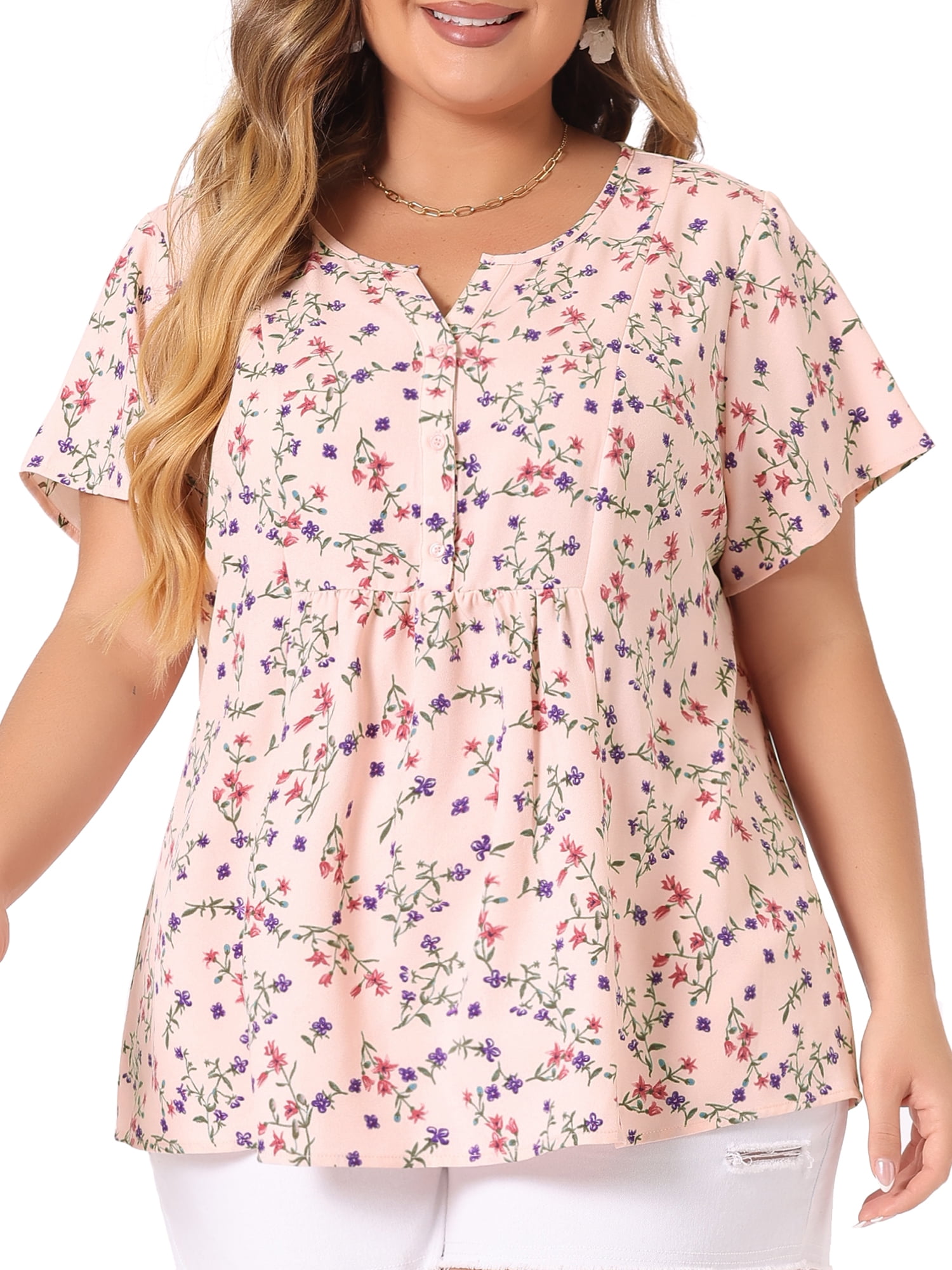 Unique Bargains Women's Plus Size Floral Half Placket Short Sleeve Blouses 3X Pink