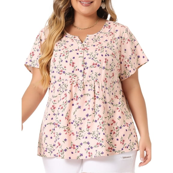 DARING DIVA Women's Plus Floral Half Placket Short Sleeve Casual Blouse 3X Pink