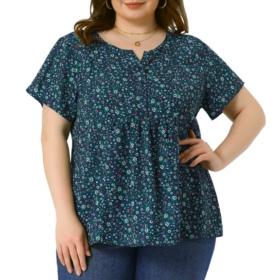 DARING DIVA Women's Plus Floral Half Placket Short Sleeve Casual Blouse 4X Dark Blue