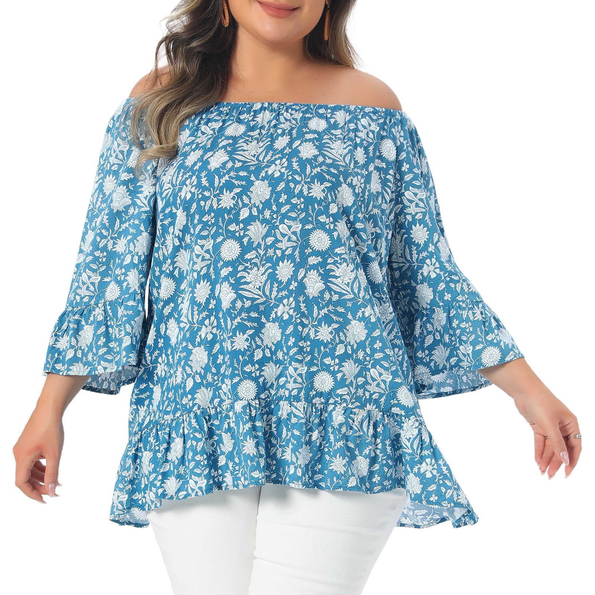 DARING DIVA Women's Plus Floral Half Sleeve Off Shoulder T Shirt Blouse 2X Blue