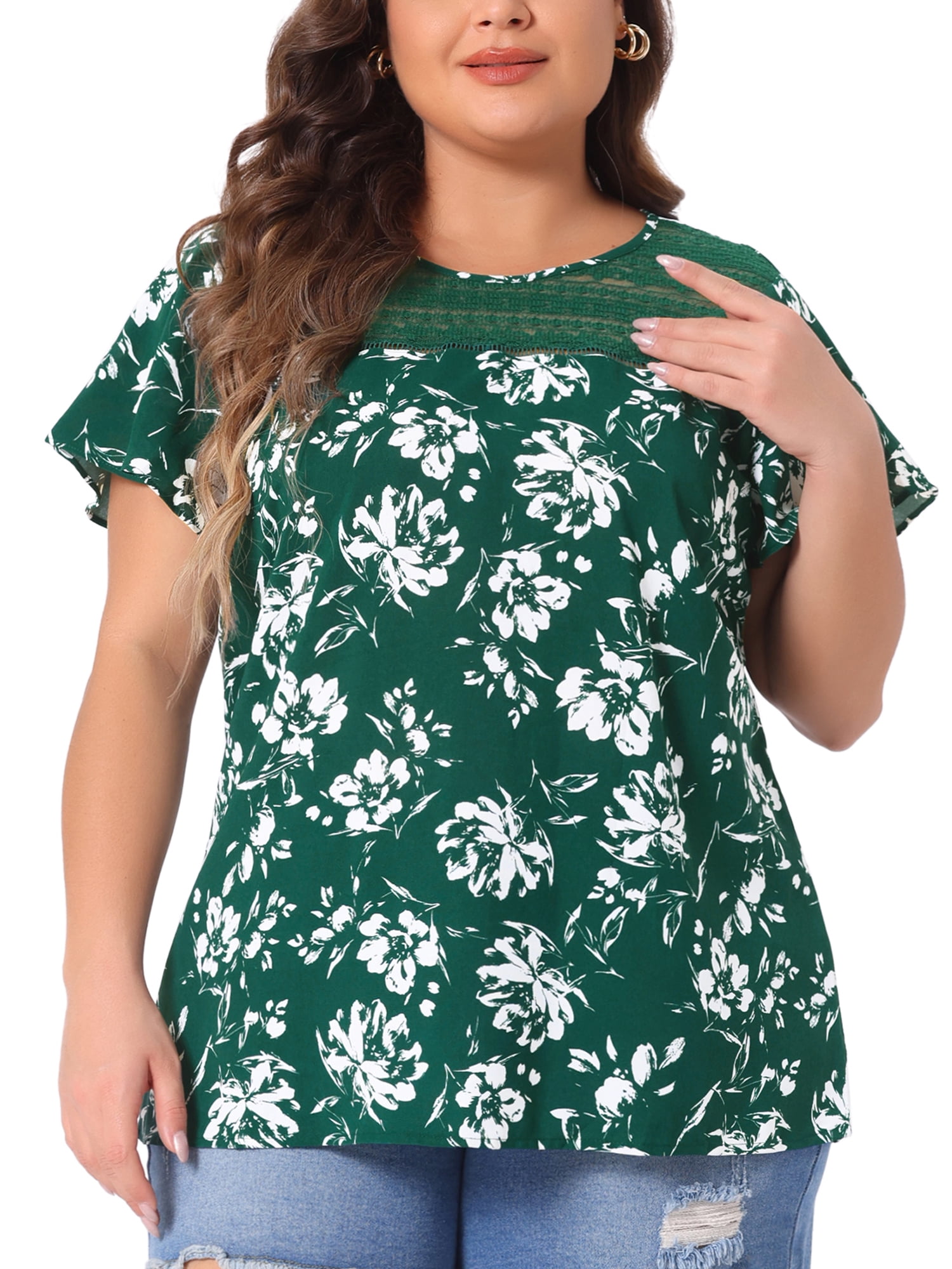 Unique Bargains Women's Plus Size Flared Sleeves Lace Panel Floral Tee 4X Green