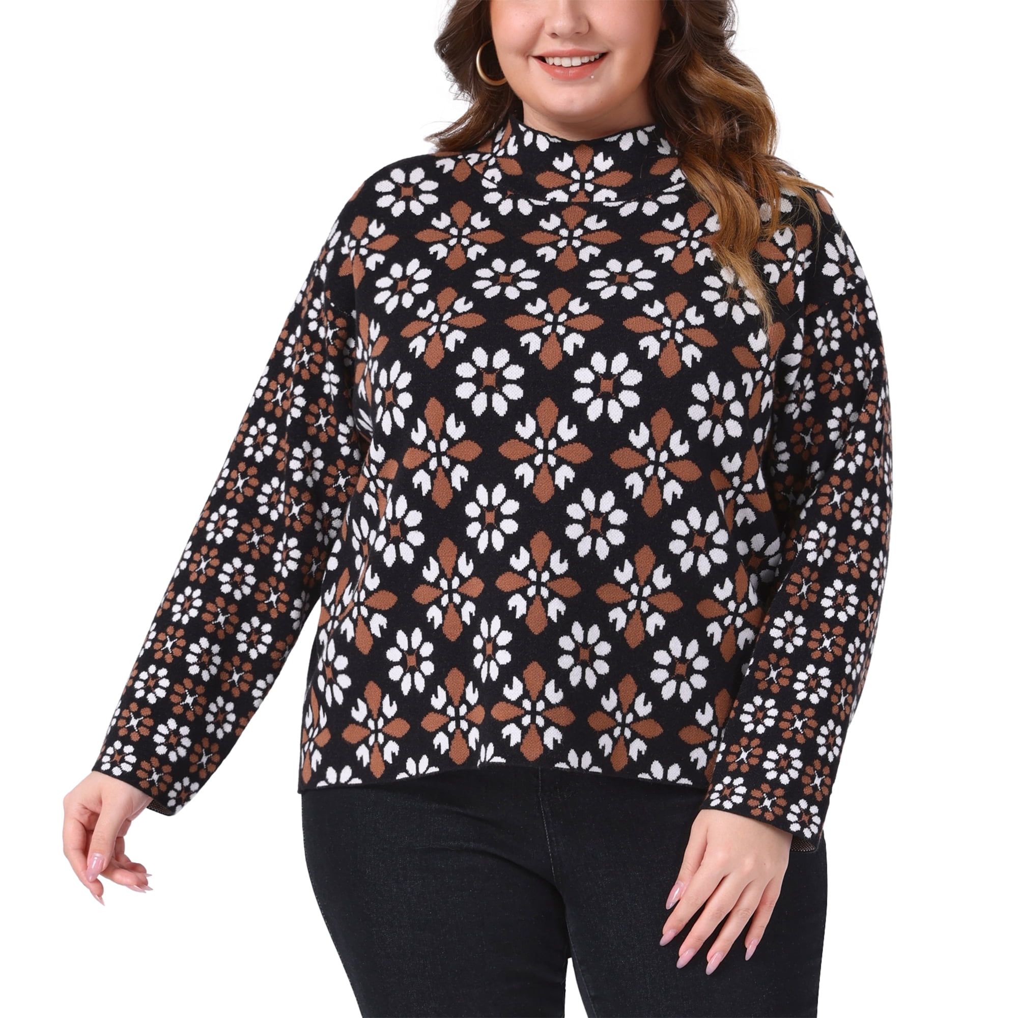 DARING DIVA Women's Plus Floral Long Sleeve Cozy Knit Mock Neck Sweater 1X Black