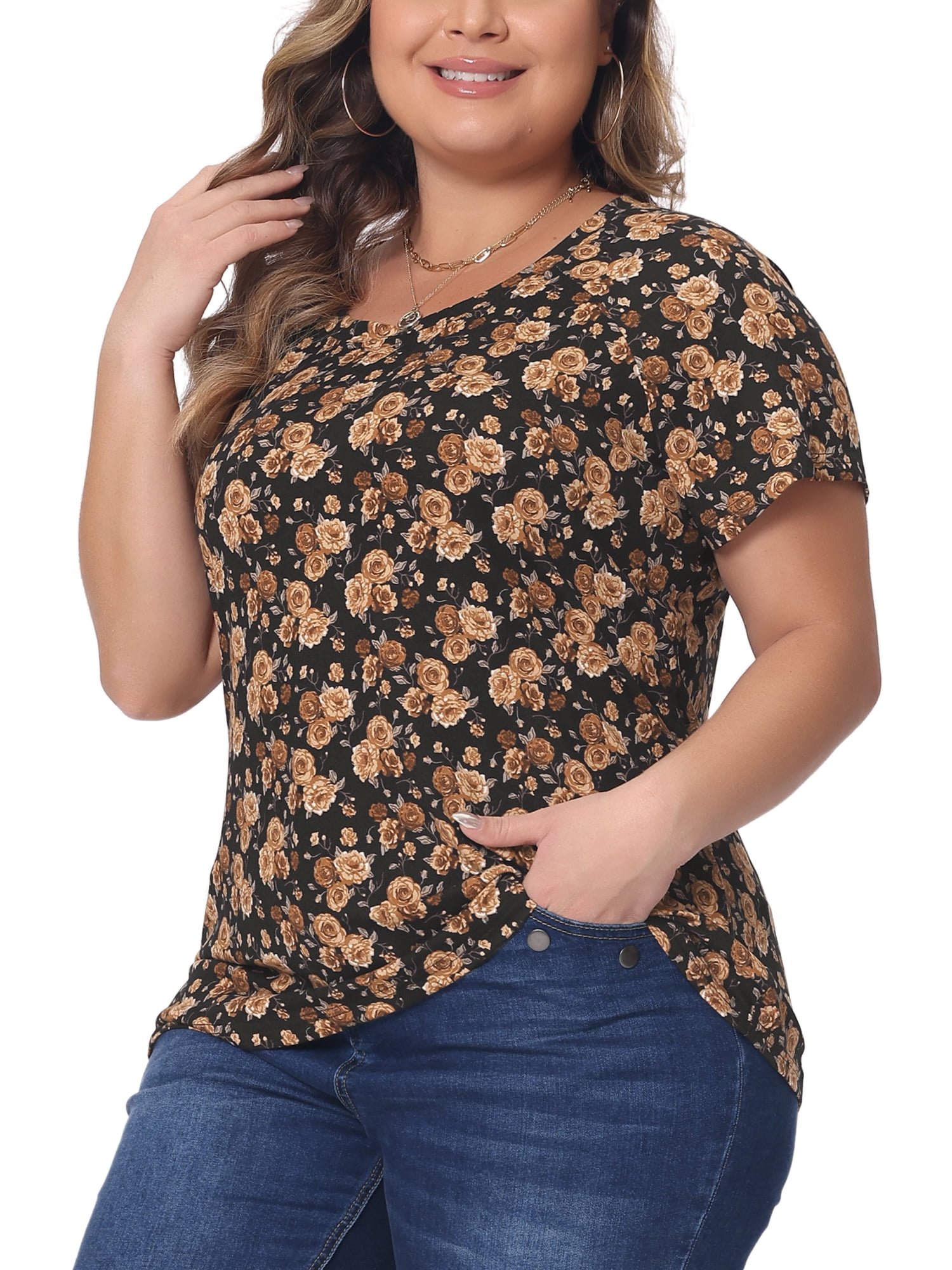 Women's Plus Summer Casual Floral Top Blouse Round Neck Short Sleeve Tee 1X Brown