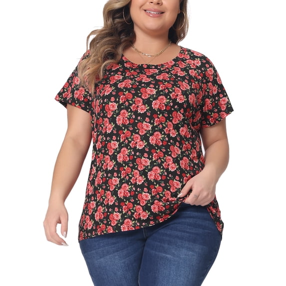DARING DIVA Women's Plus Floral Loose Casual Basic Blouse 1X Red