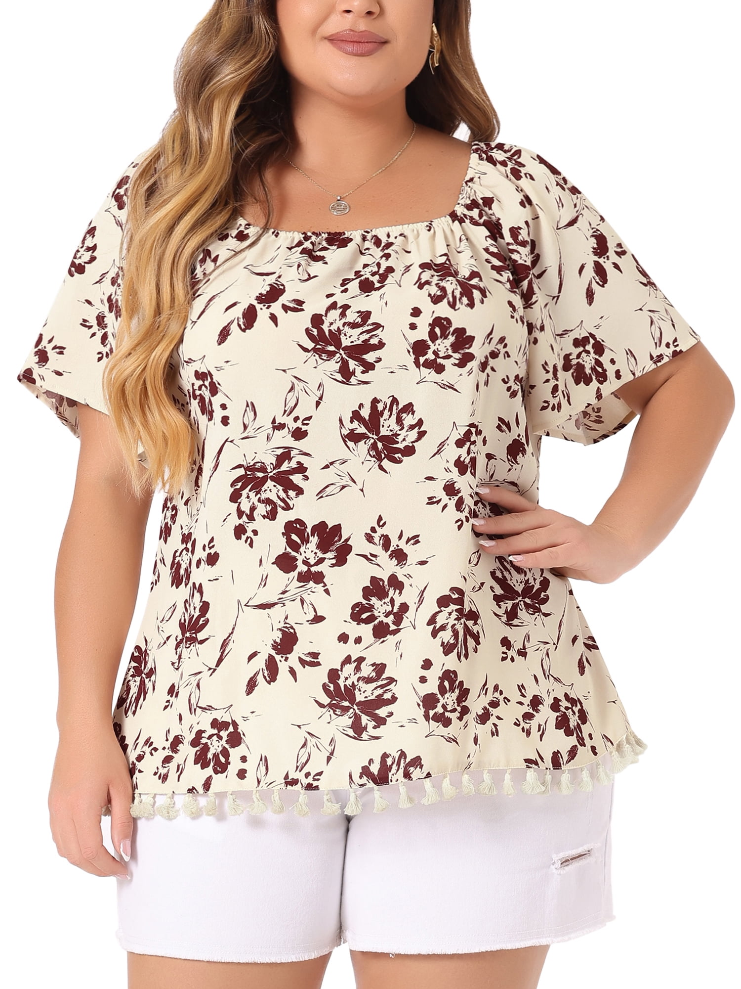 DARING DIVA Women's Plus Floral Off Shoulder Tassel Hem Top 4X Apricot
