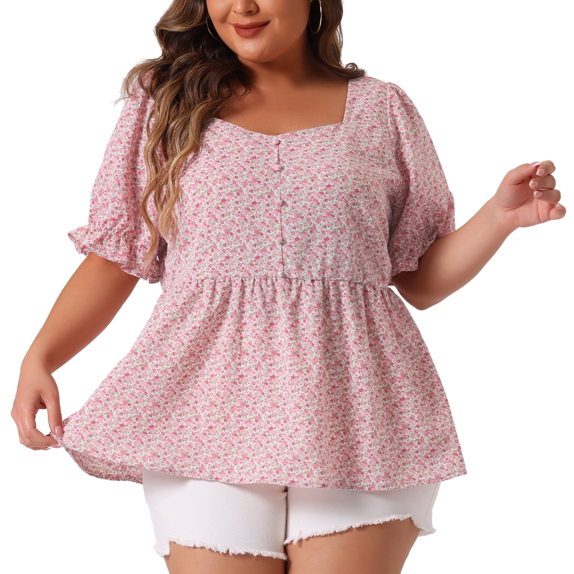 DARING DIVA Women's Plus Floral Peplum Short Sleeve Cute Blouse 1X Pink