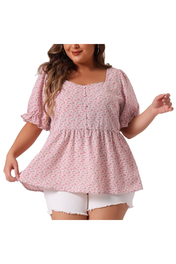 DARING DIVA Women's Plus Floral Peplum Short Sleeve Cute Blouse 4X Pink