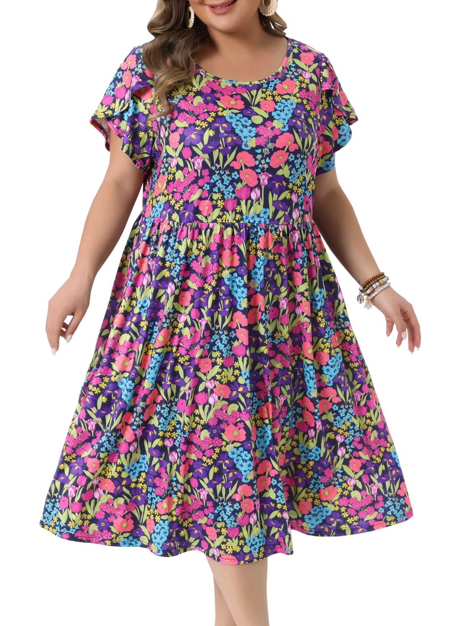 DARING DIVA Women's Plus Floral Print Crew Neck Tulip Midi Dress 3X Black Purple