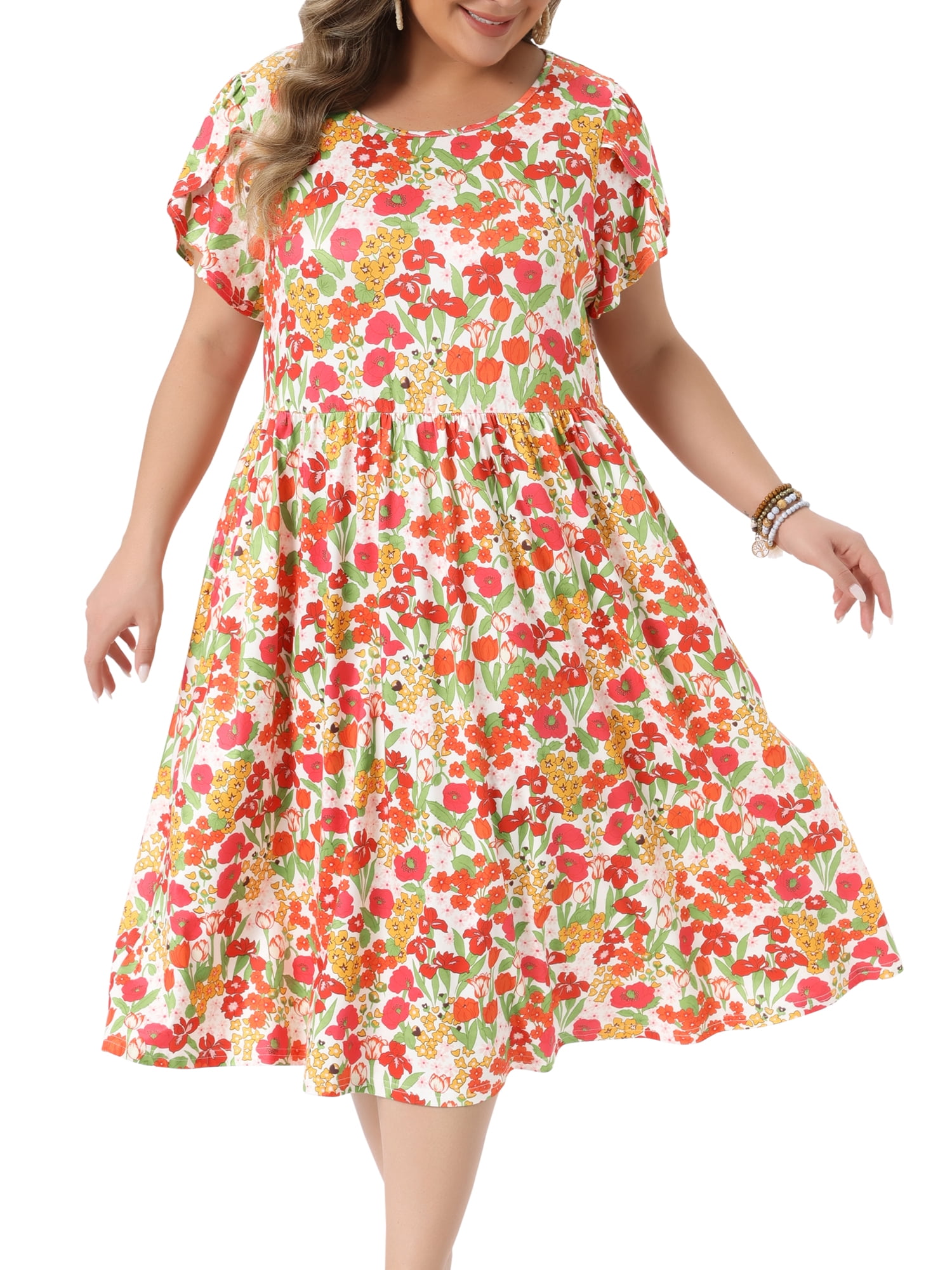 DARING DIVA Women's Plus Floral Print Crew Neck Tulip Midi Dress 4X White Red