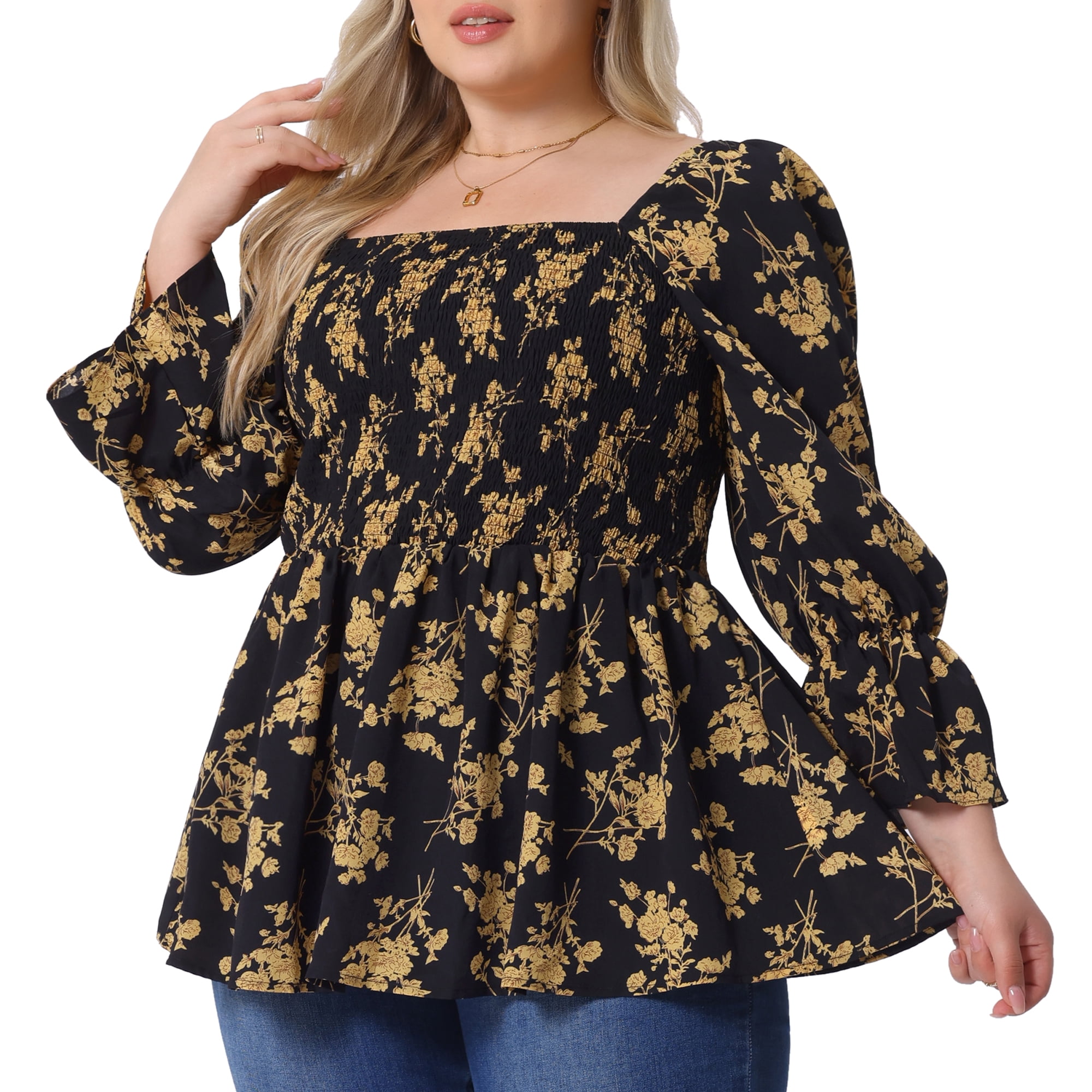 DARING DIVA Women's Plus Floral Print Square Neck Blouse 1X Black