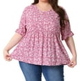 thumbnail image 1 of DARING DIVA Women's Plus Floral Print Ruffle Short Sleeve Babydoll Blouse 1X Pink, 1 of 6