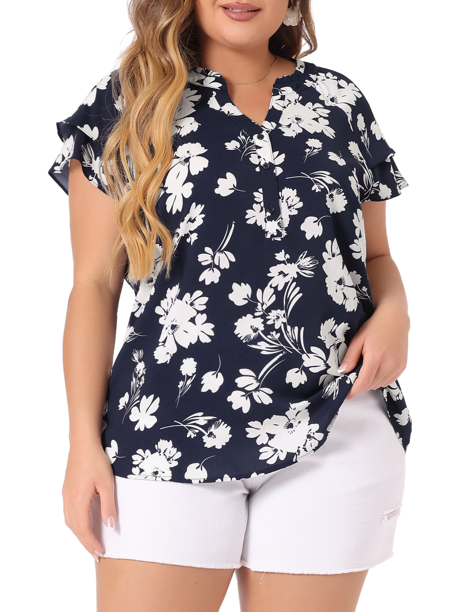 Unique Bargains Women's Plus Size Layered Sleeve V Neck Floral Tops Tunics 1X Navy Blue
